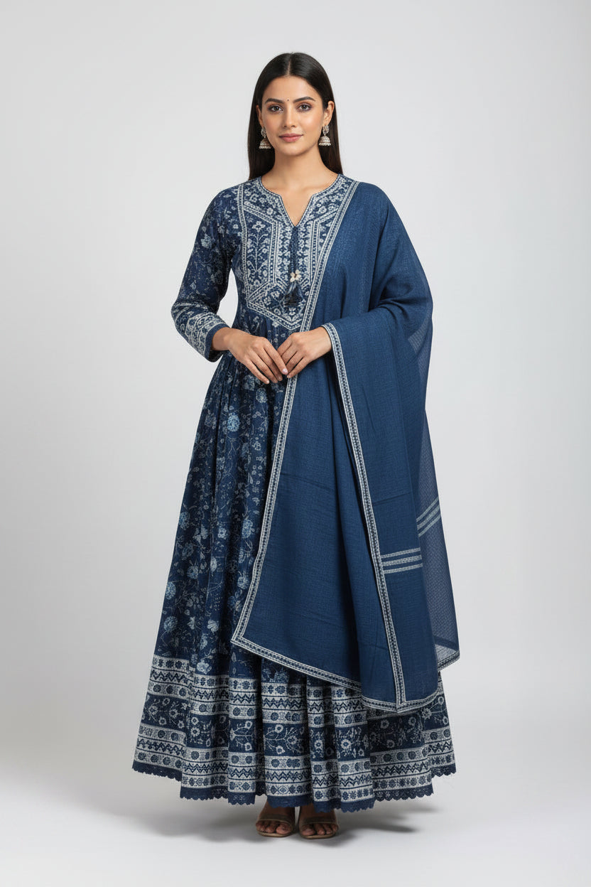 White And Green Cotton Anarkali Kurtha  151