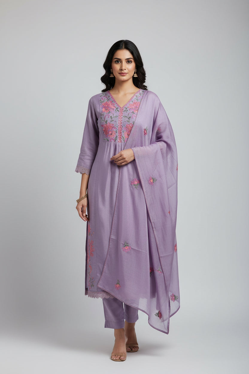 Purple Mul Chanderi Thread Embroidery Straight Fit Kurtha