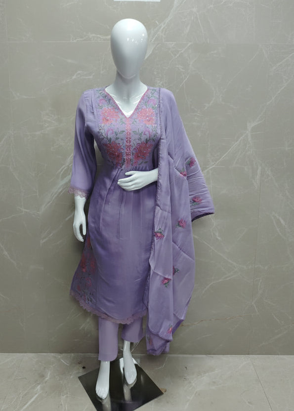Purple Mul Chanderi Thread Embroidery Straight Fit Kurtha
