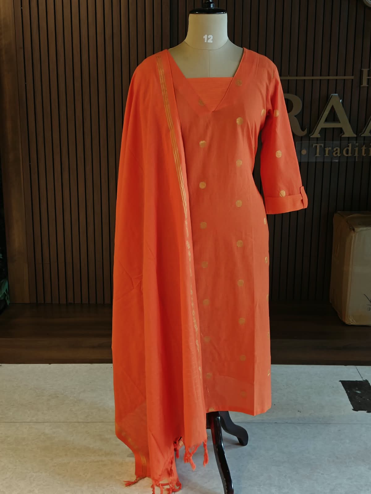 Orange Cotton Straight Fit Gold Zari Butta Kurtha 721