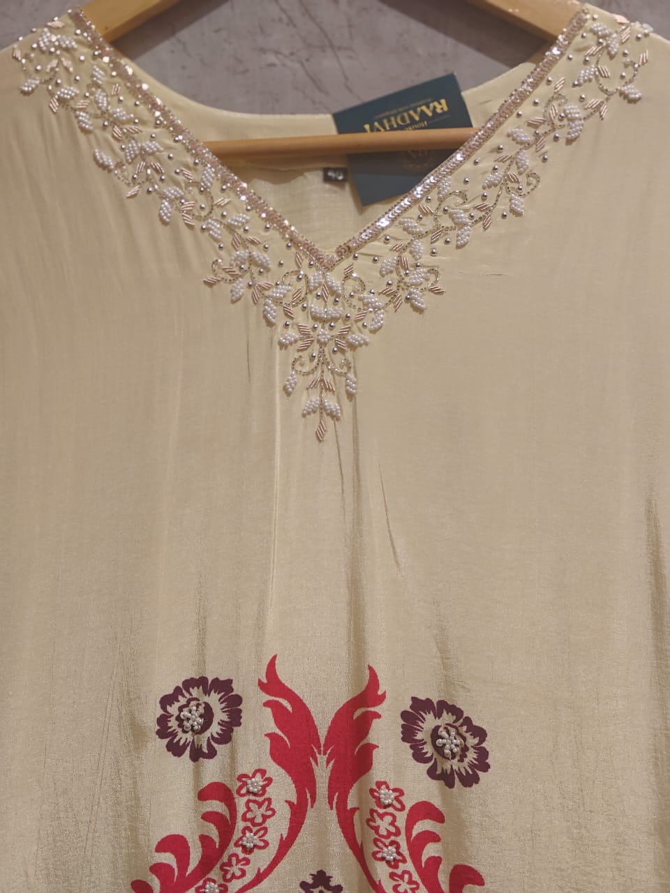 Cream Digital Print Handwork Crepe Kurtha 533