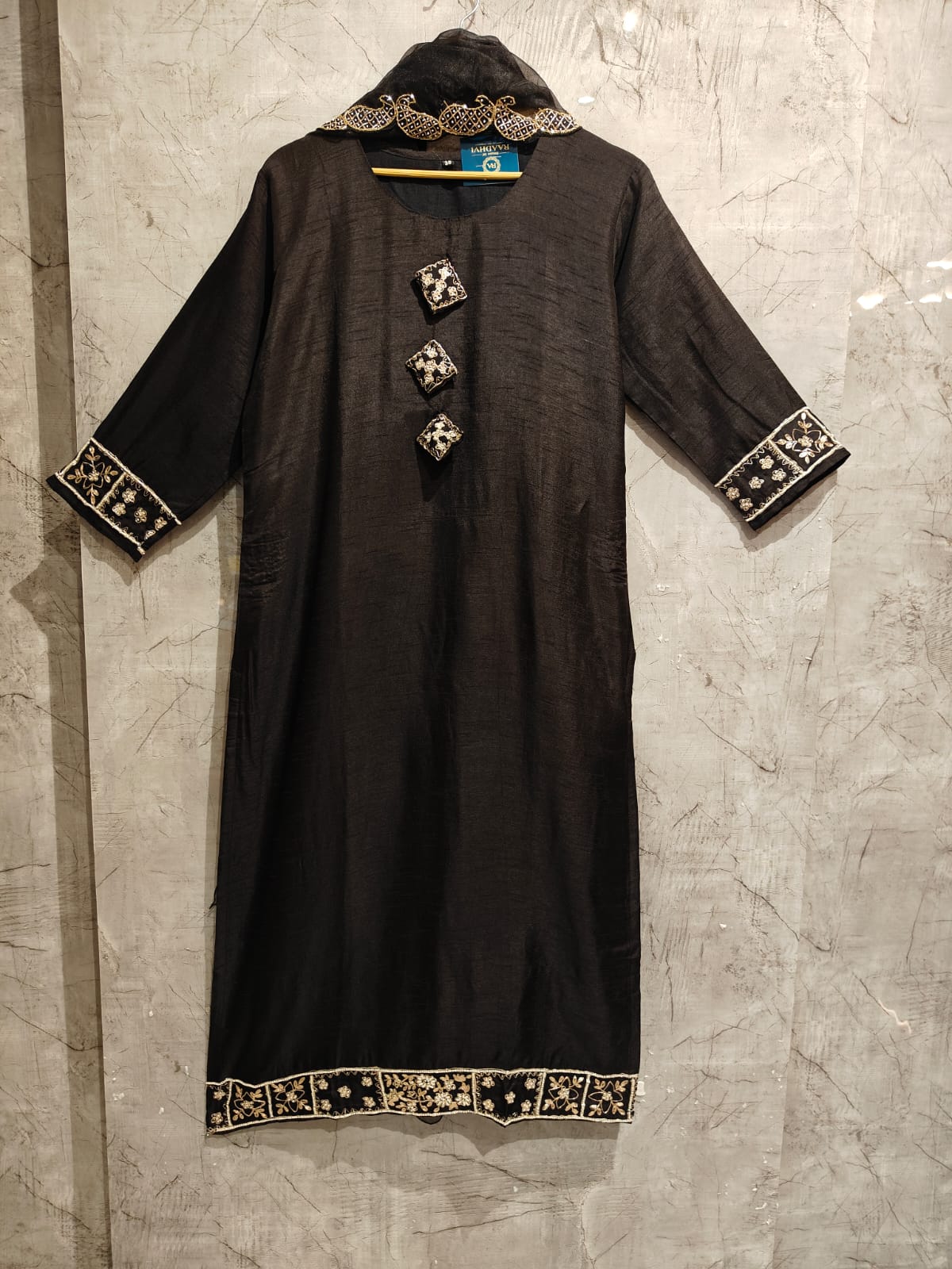 Black Dola Silk Kurtha 66 Hand Embroidery  with Banarasi Dupatta