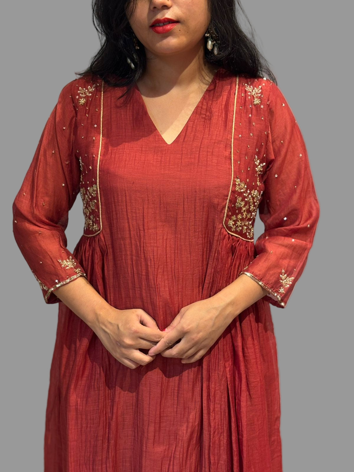 Rustic Orange Chanderi Hand Embroidery Airline Kurtha 324