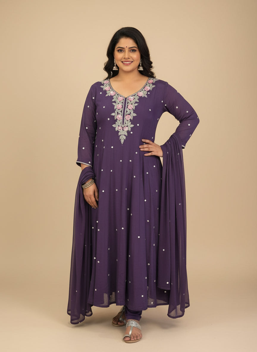 Purple Anarkali Chinnon Hand Embroidery Kurtha 567