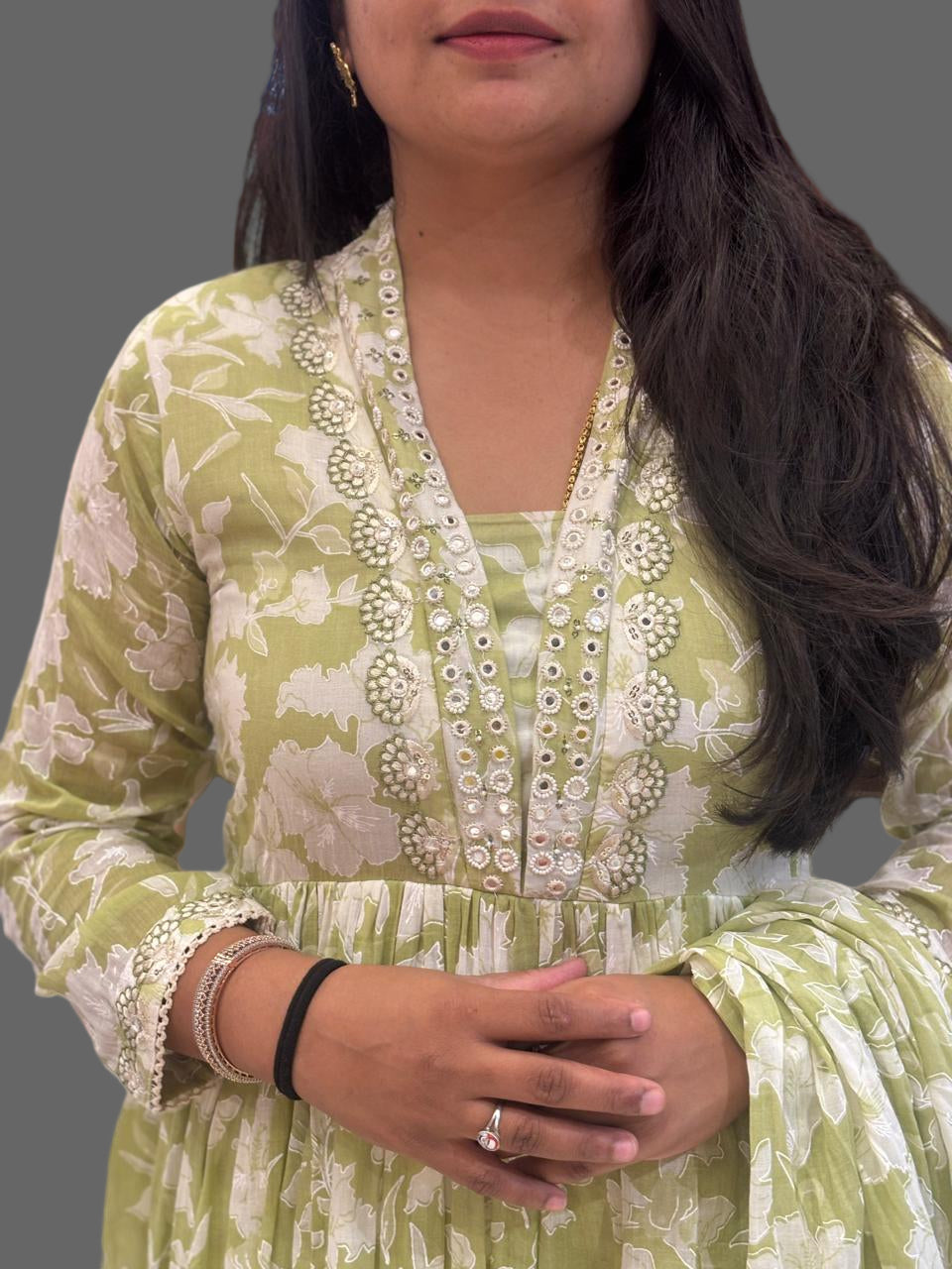 “Nari” Green Mul Cotton 3pcs Kurtha suit with block prints and embroidery 242