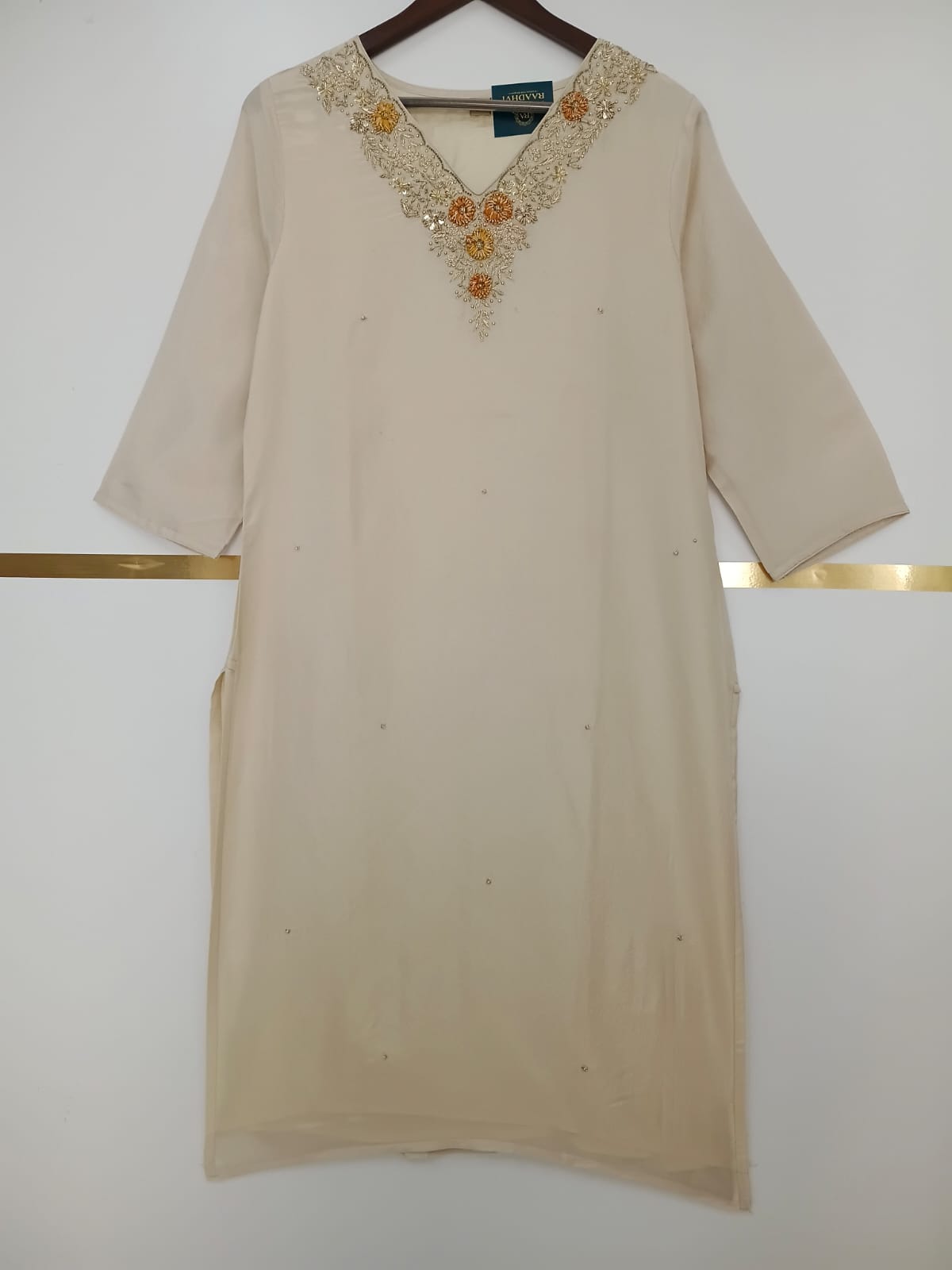 Cream shimmer Hand Embroidery Straight Fit Kurtha 151