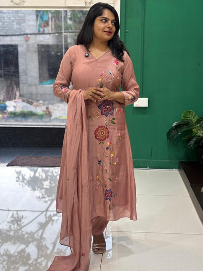 onion pink Mul Chanderi Thread Embroidery A Line Kurtha 63
