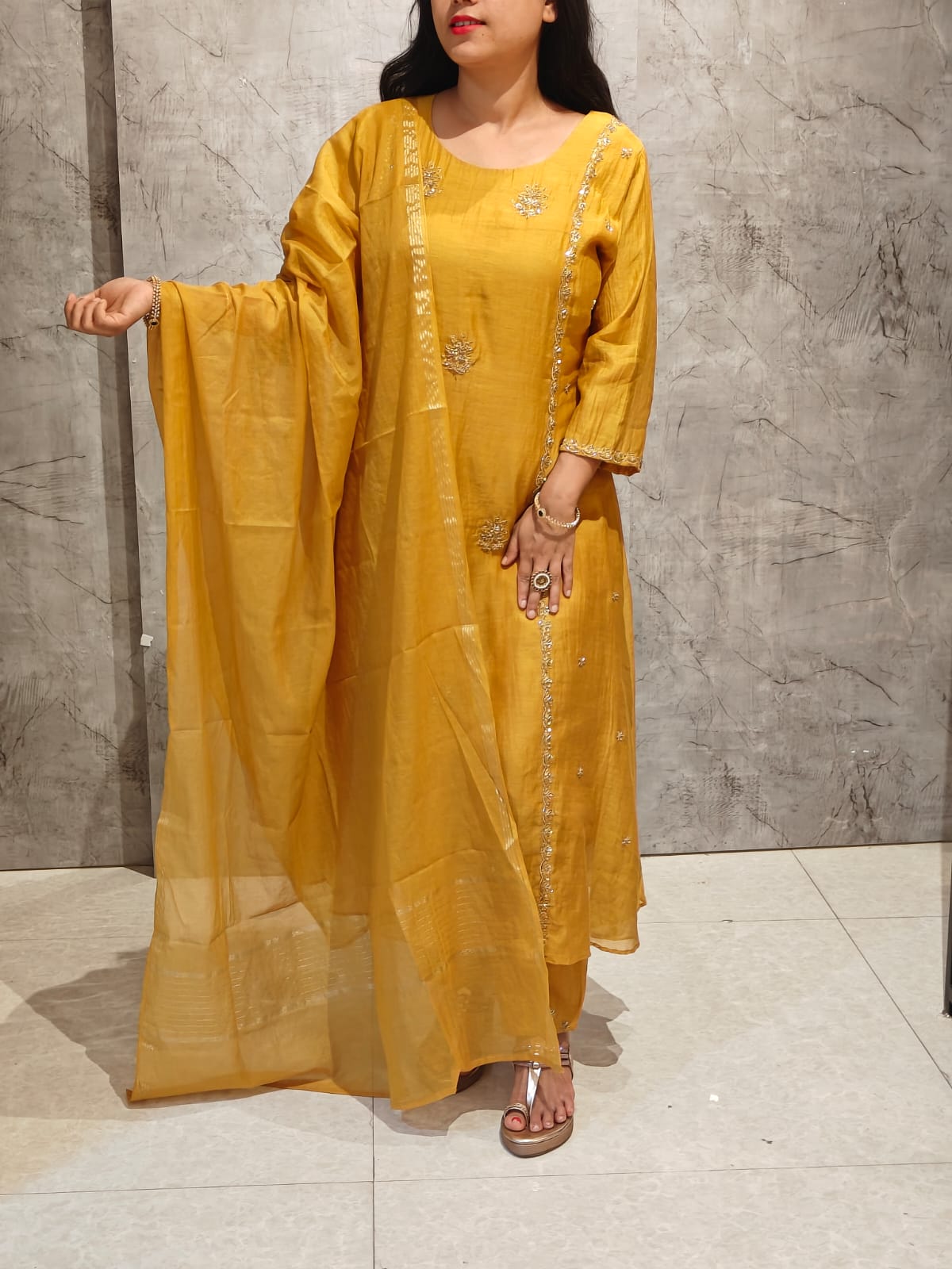 Mustard Yellow Mul Chanderi Hand Embroidery Airline Kurtha