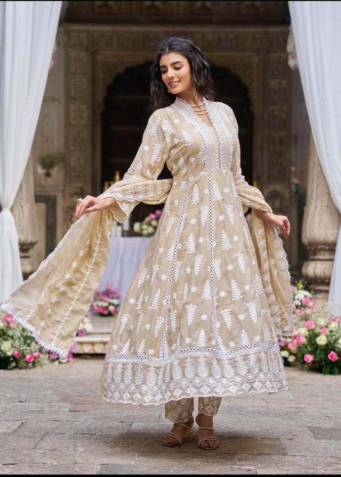 Beige Cotton Hakkoba Work Anarkali Kurtha 459