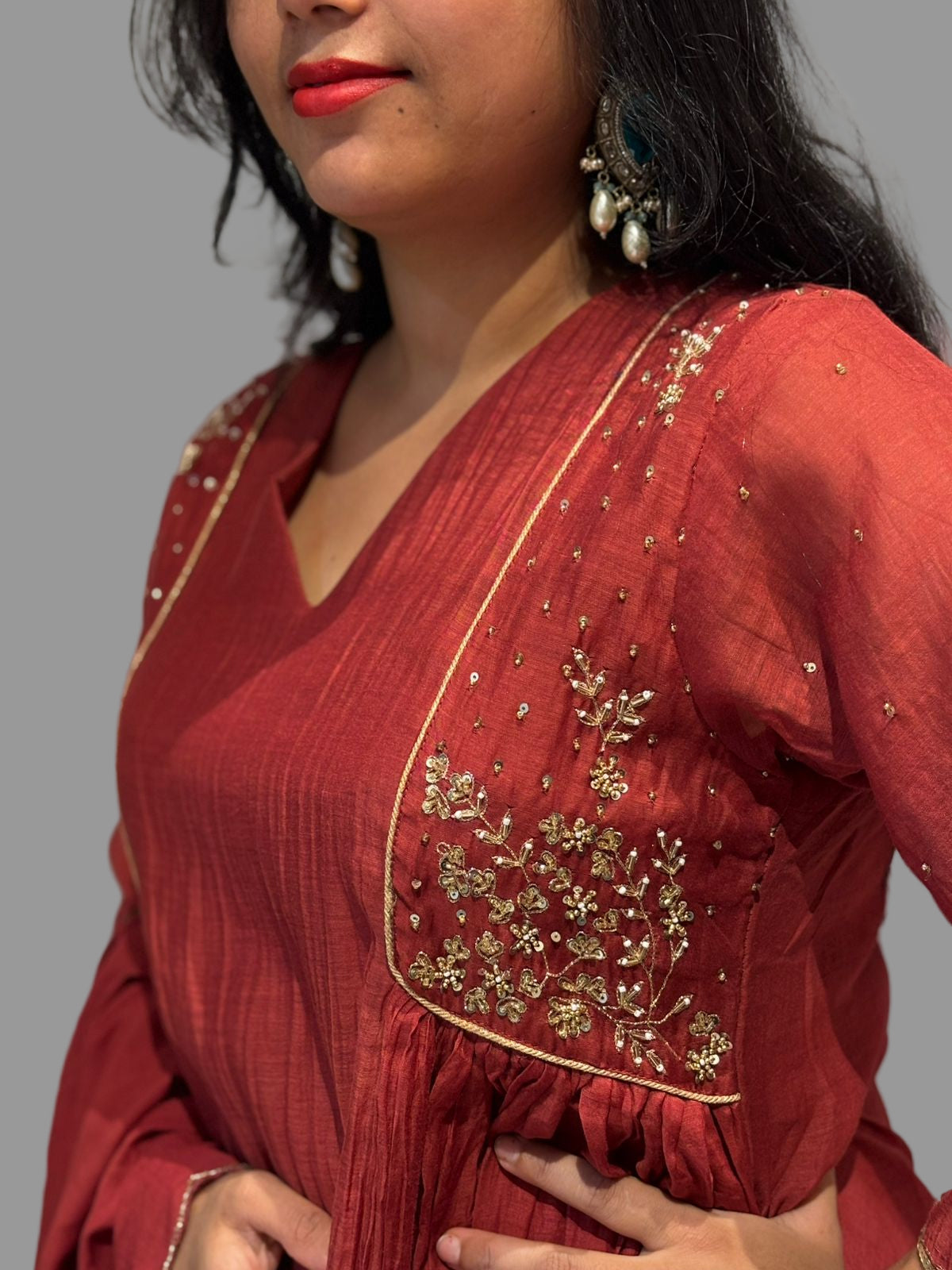 Rustic Orange Chanderi Hand Embroidery Airline Kurtha 324