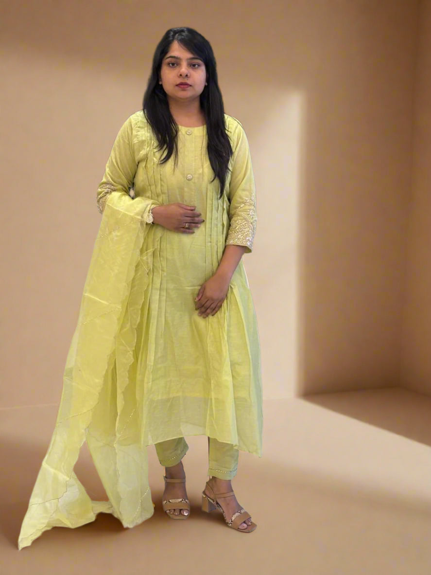 "pani" Pista Green Chanderi Silk Anarkali Handwork Kurtha Set