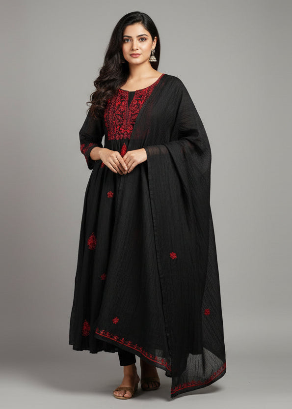 Black Mul Chanderi Hand Embroidery Airline Kurtha 935