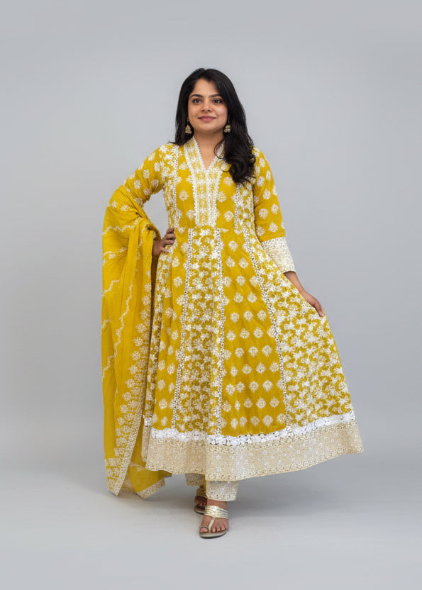 Yellow Cotton designer Hakoba chicken curry work Anarkali Kurtha 459