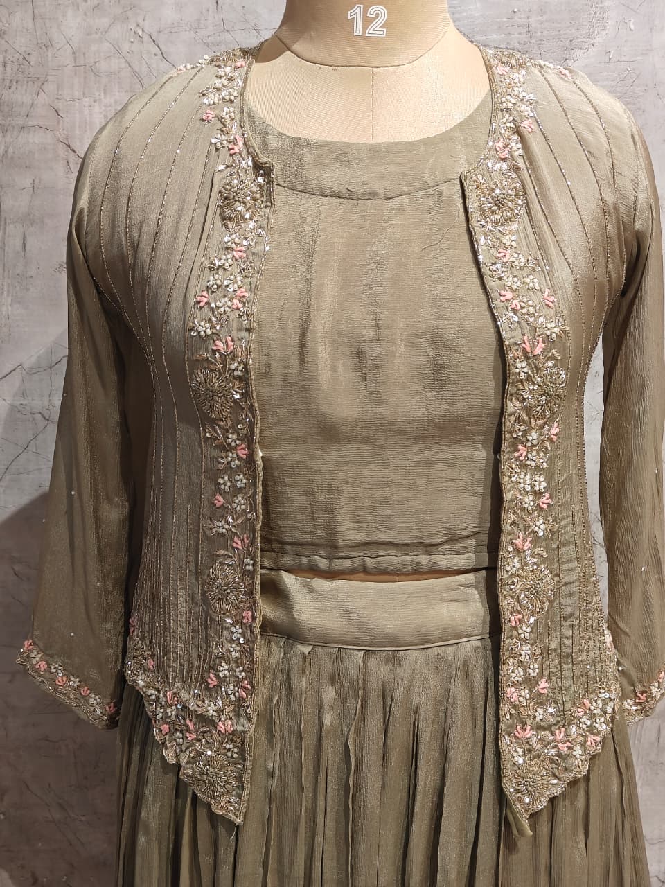 “Pari" Green Designer Kurtha 43 Set with Handwork Top, Skirt and Jacket Indo-western