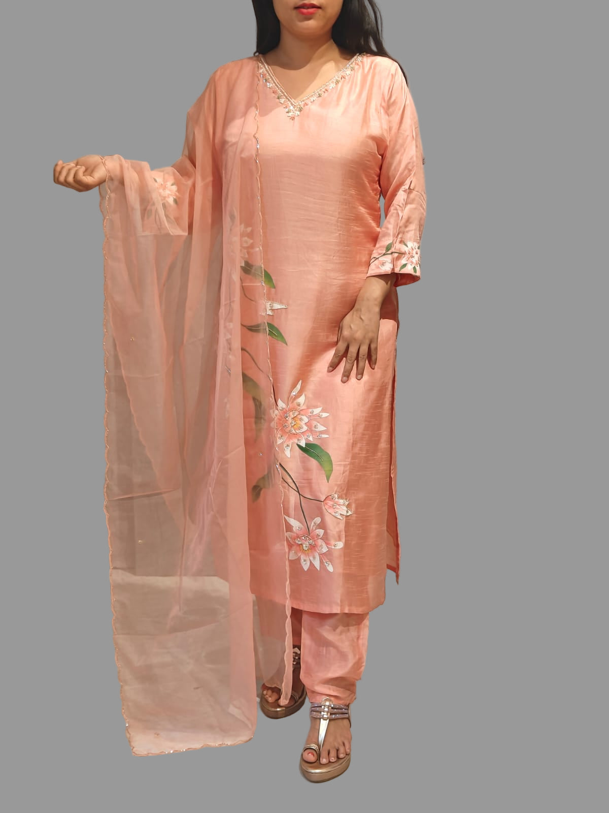 Baby Pink Dola Hand Painted Straight Fit  Kurtha 431
