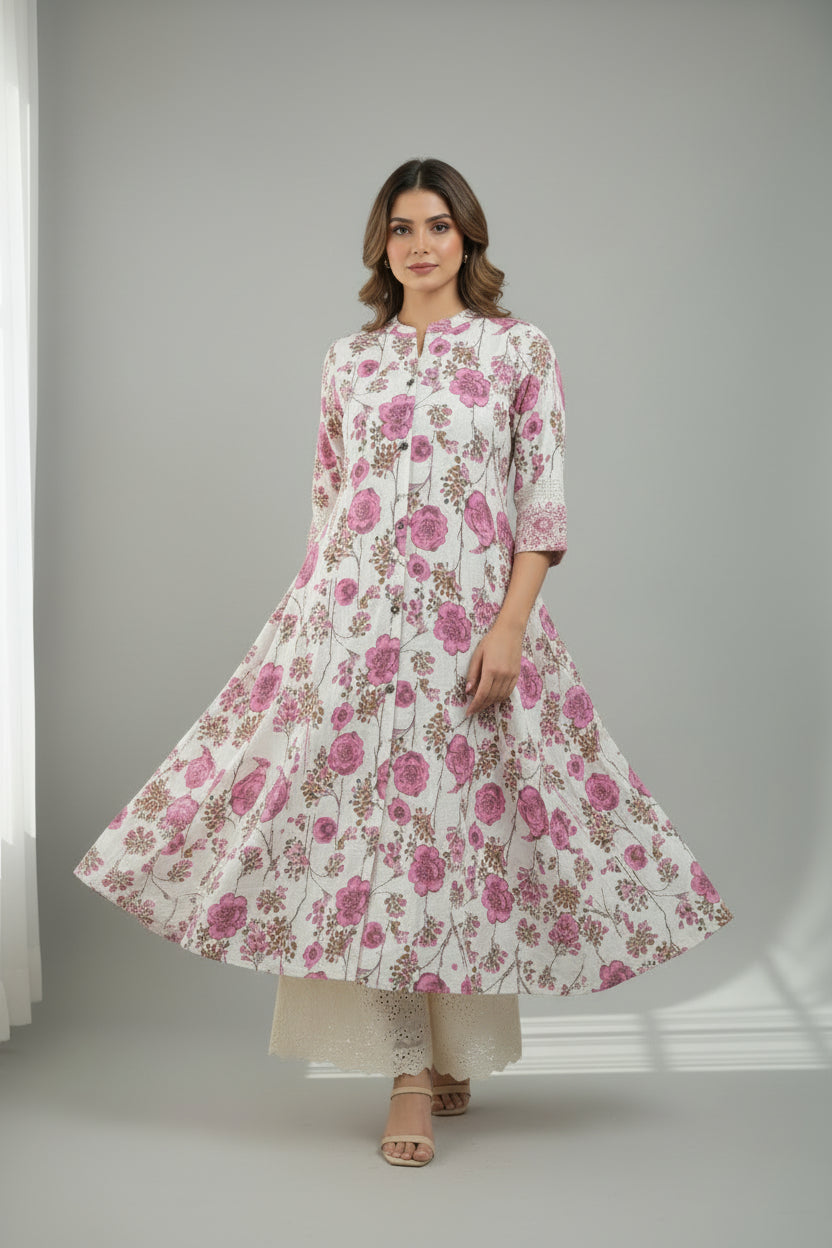 Pink Lenin Cotton Thread Embroidery Airline 1 pc Kurtha 372