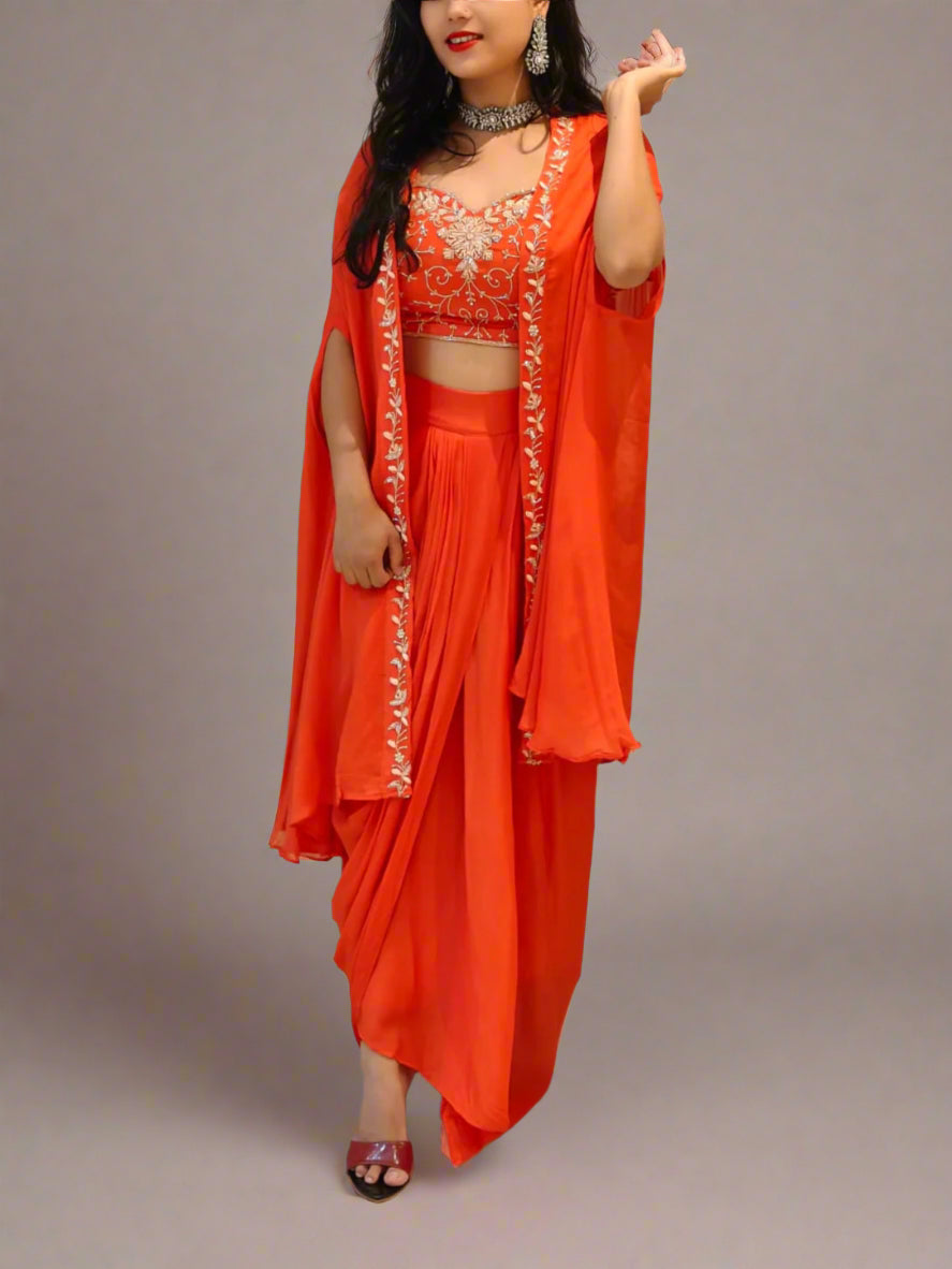“Pari" Orange Indo-western handwork Top, Skirt and Cape set
