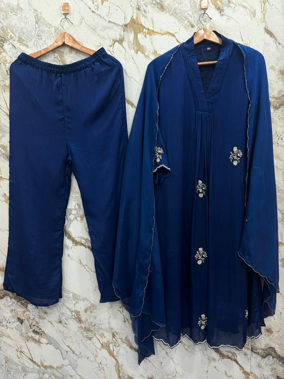 Royal Blue  Chinnon Hand Embroidery Airline Kurtha 291