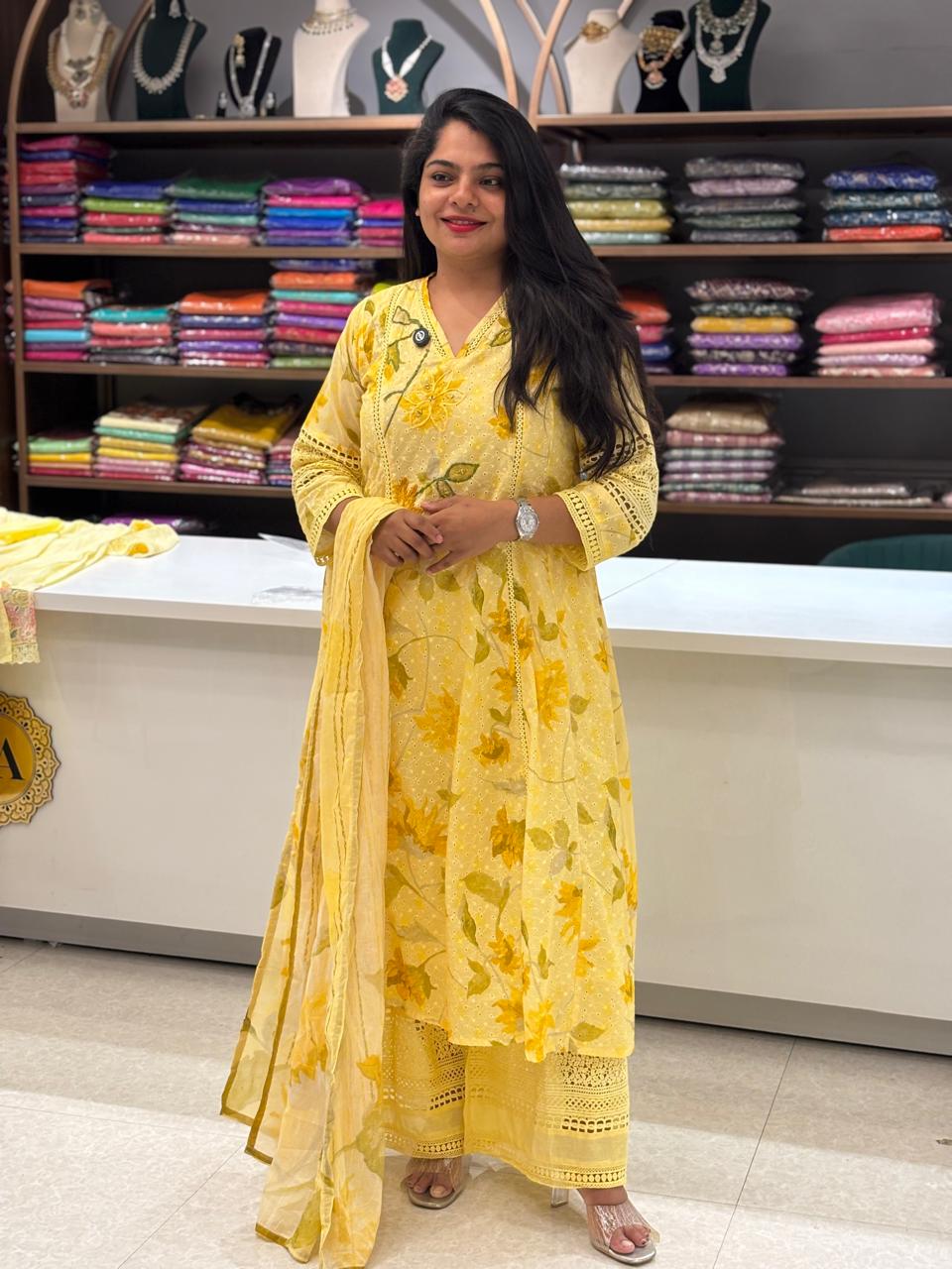 Yellow Cotton Airline Hacoba Work Kurtha
