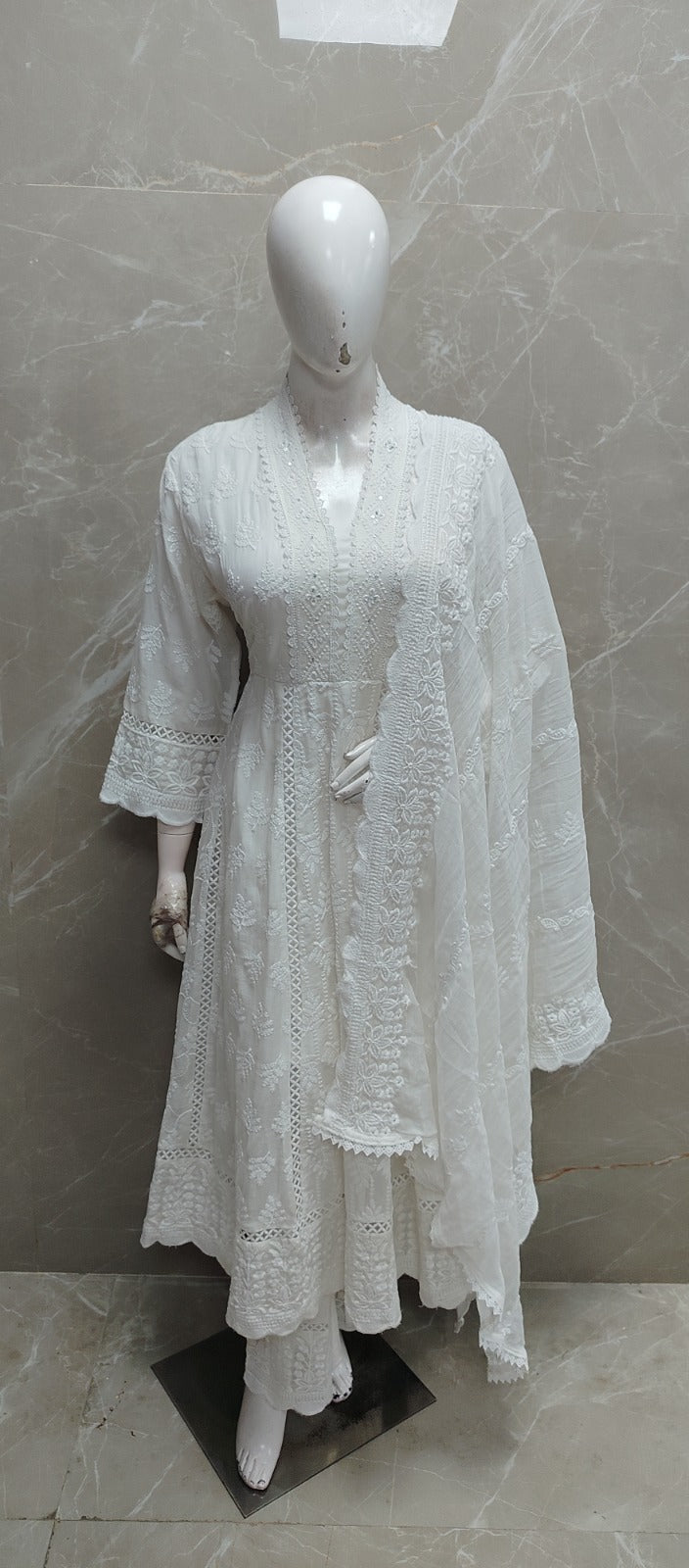 White Cotton Hakkoba Work Anarkali Kurtha Plus Size 459