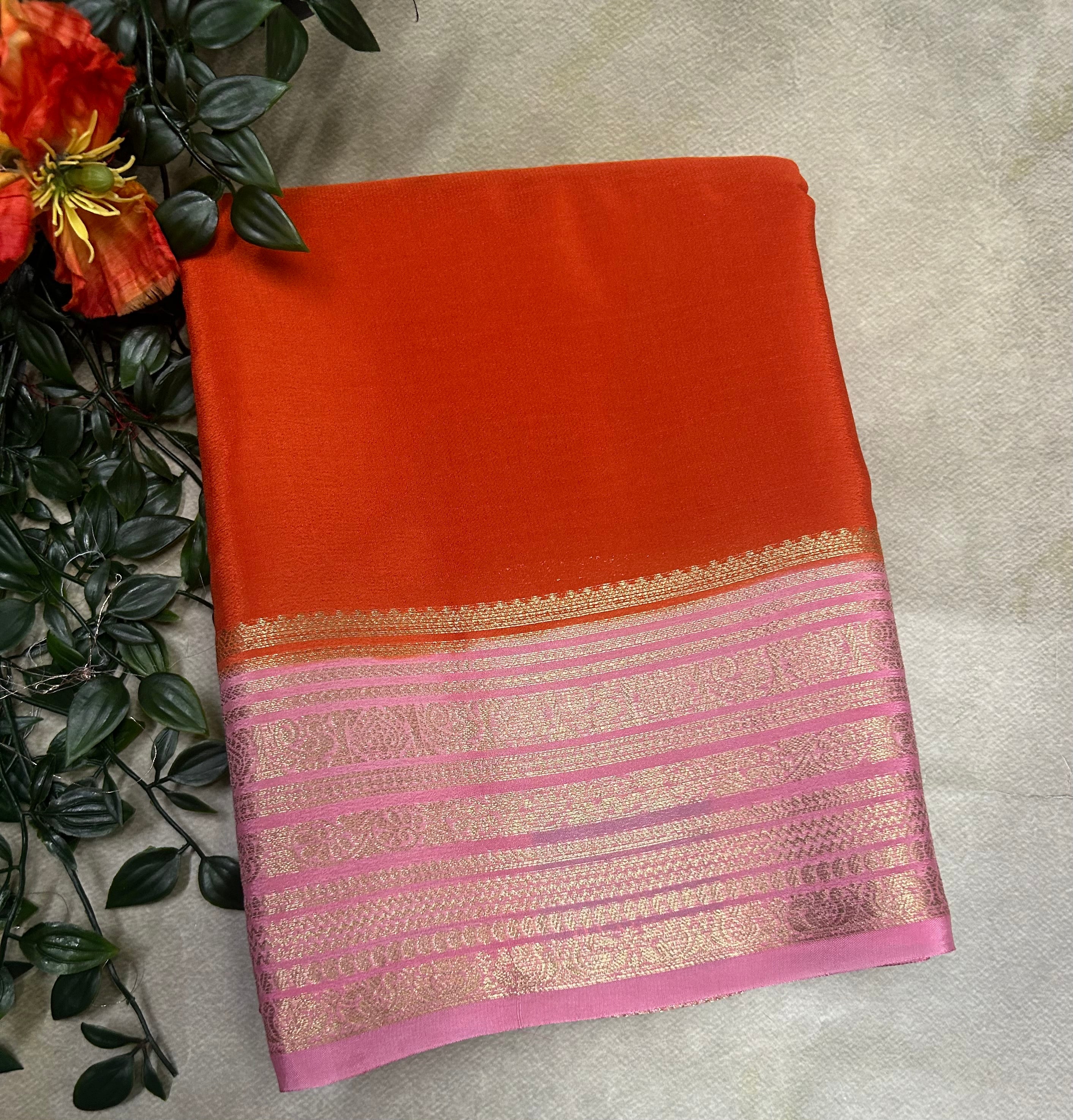 Orange n light pink plain semi Mysore crepe silk 105 saree
