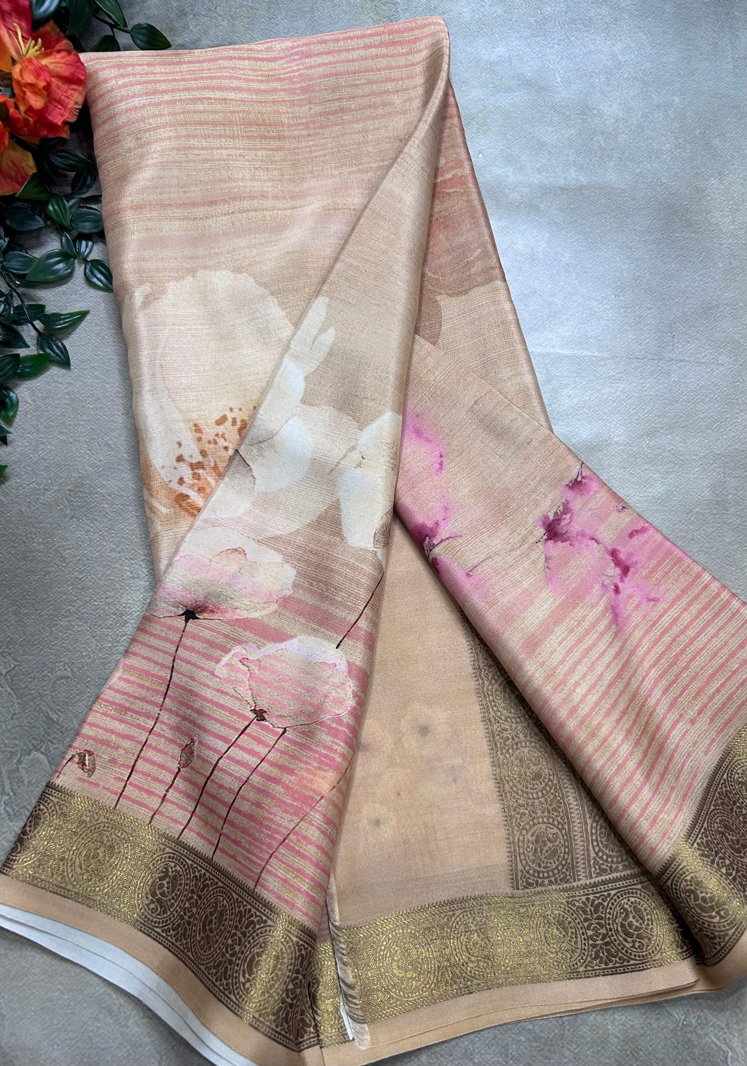 Peach digital print pure mysore silk saree(DMS106)