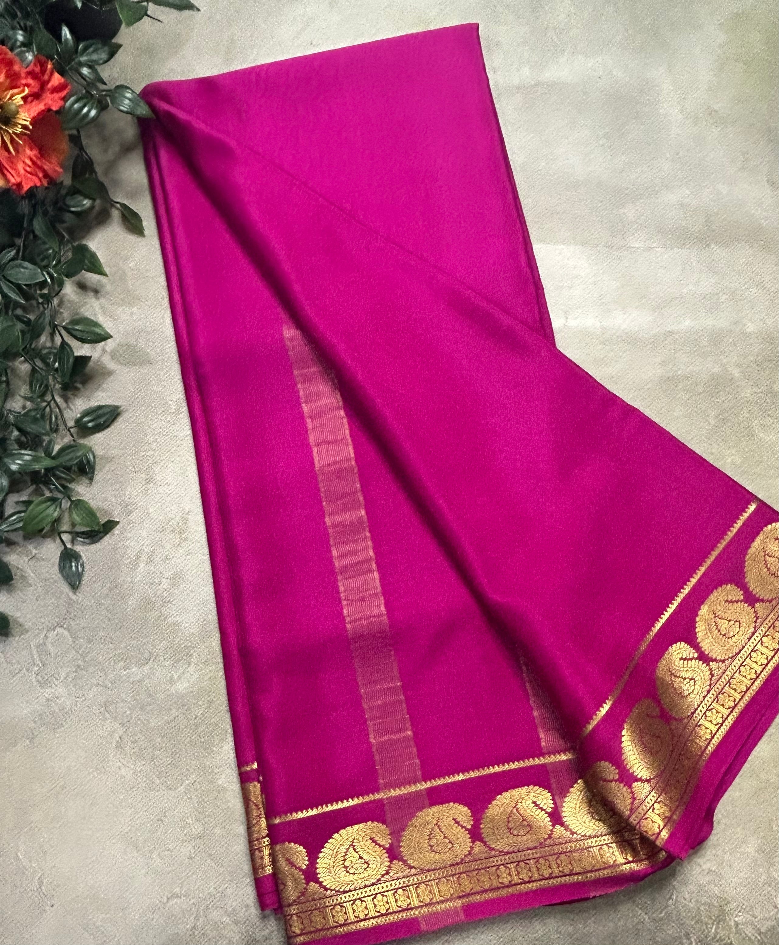 Pink plain mango border pure Mysore silk 105 saree