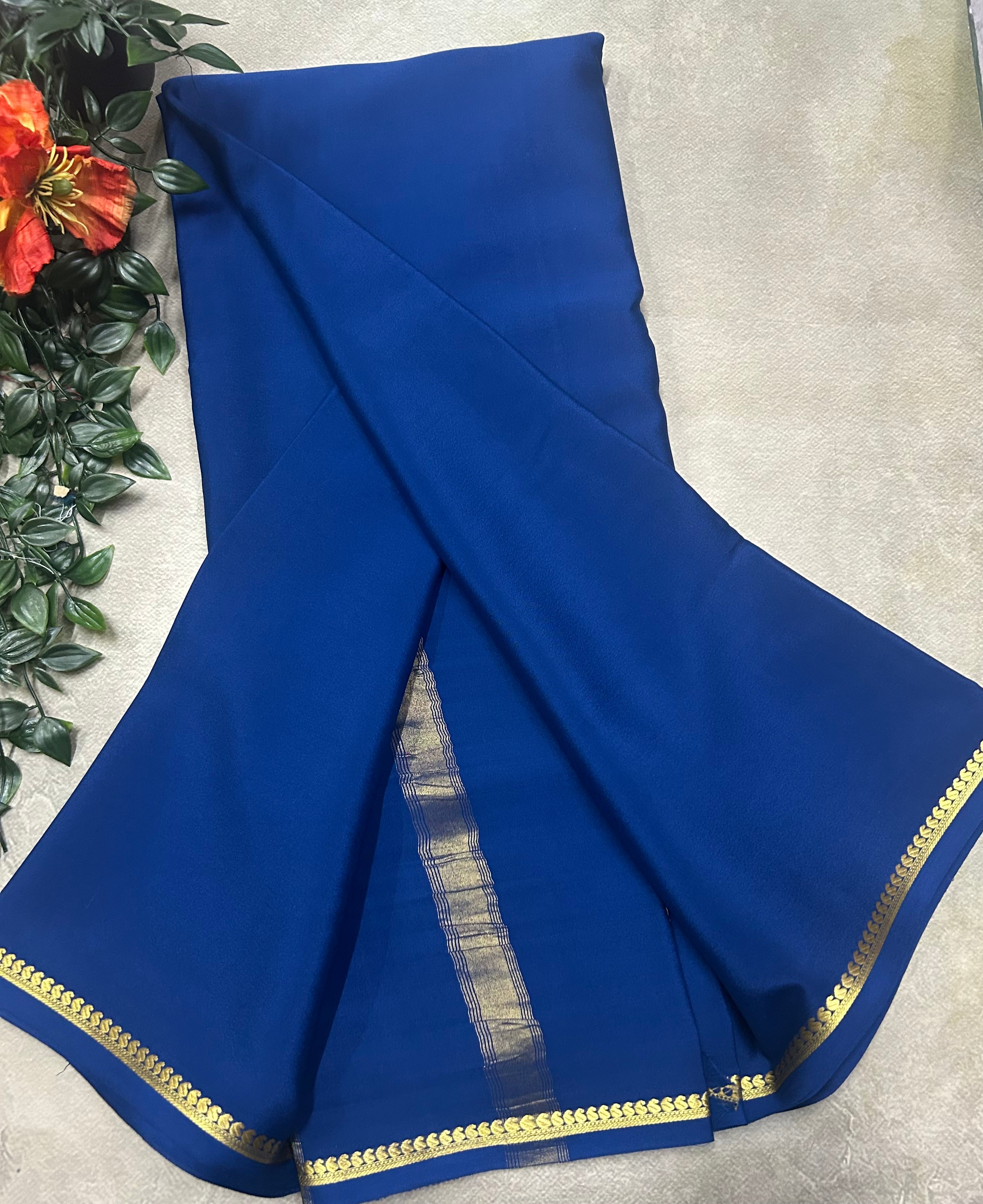 Peacock blue small border pure Mysore silk 105 saree