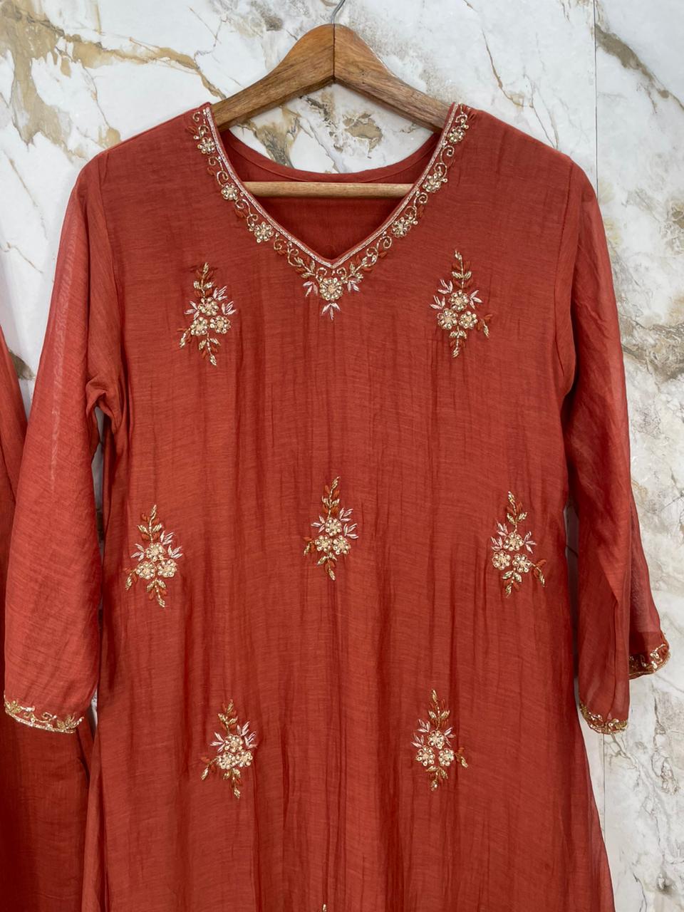 Orange Mul Chanderi Airline Handwork Kurtha