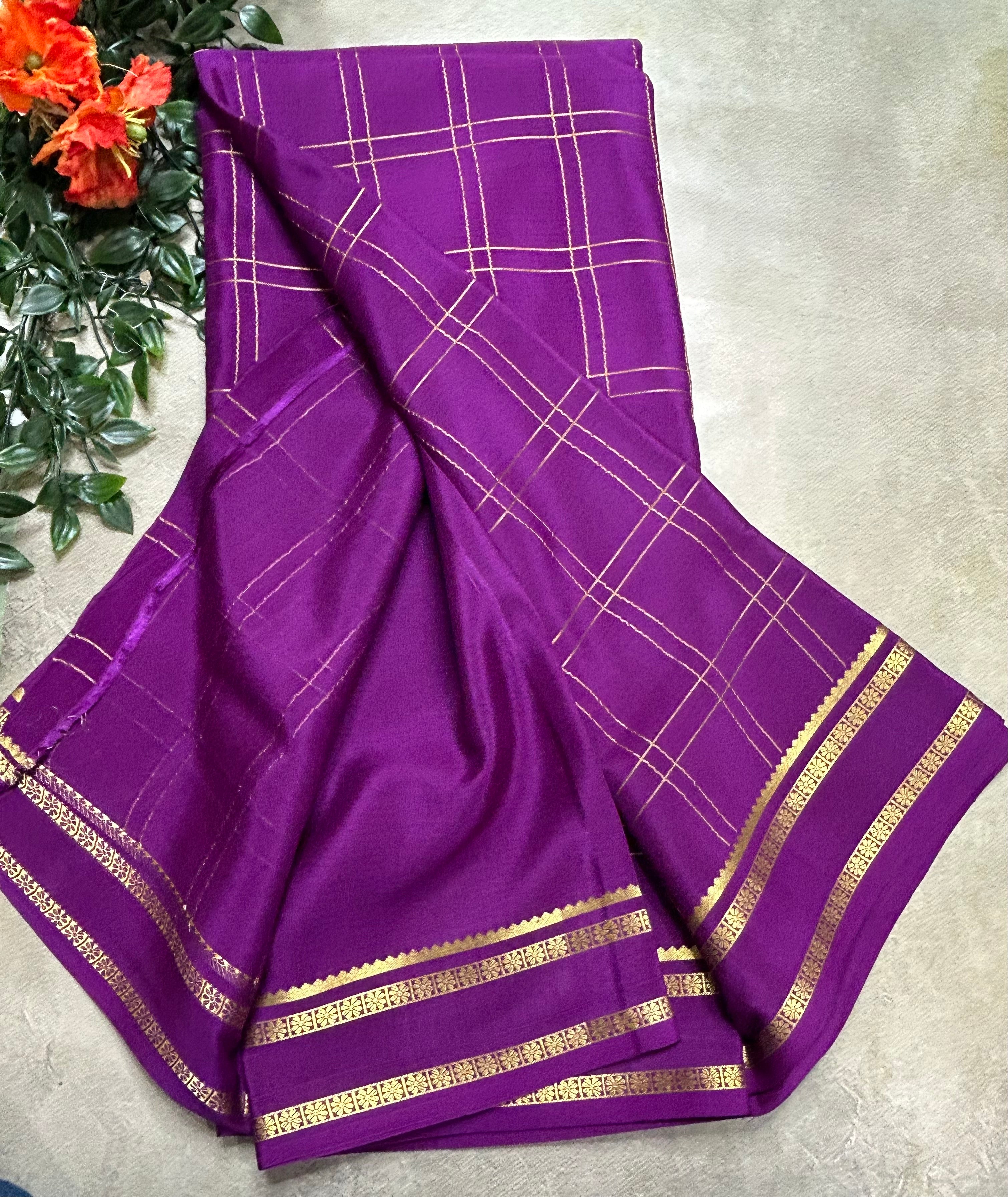 Purple big checks n Bentex border pure Mysore silk 106 saree