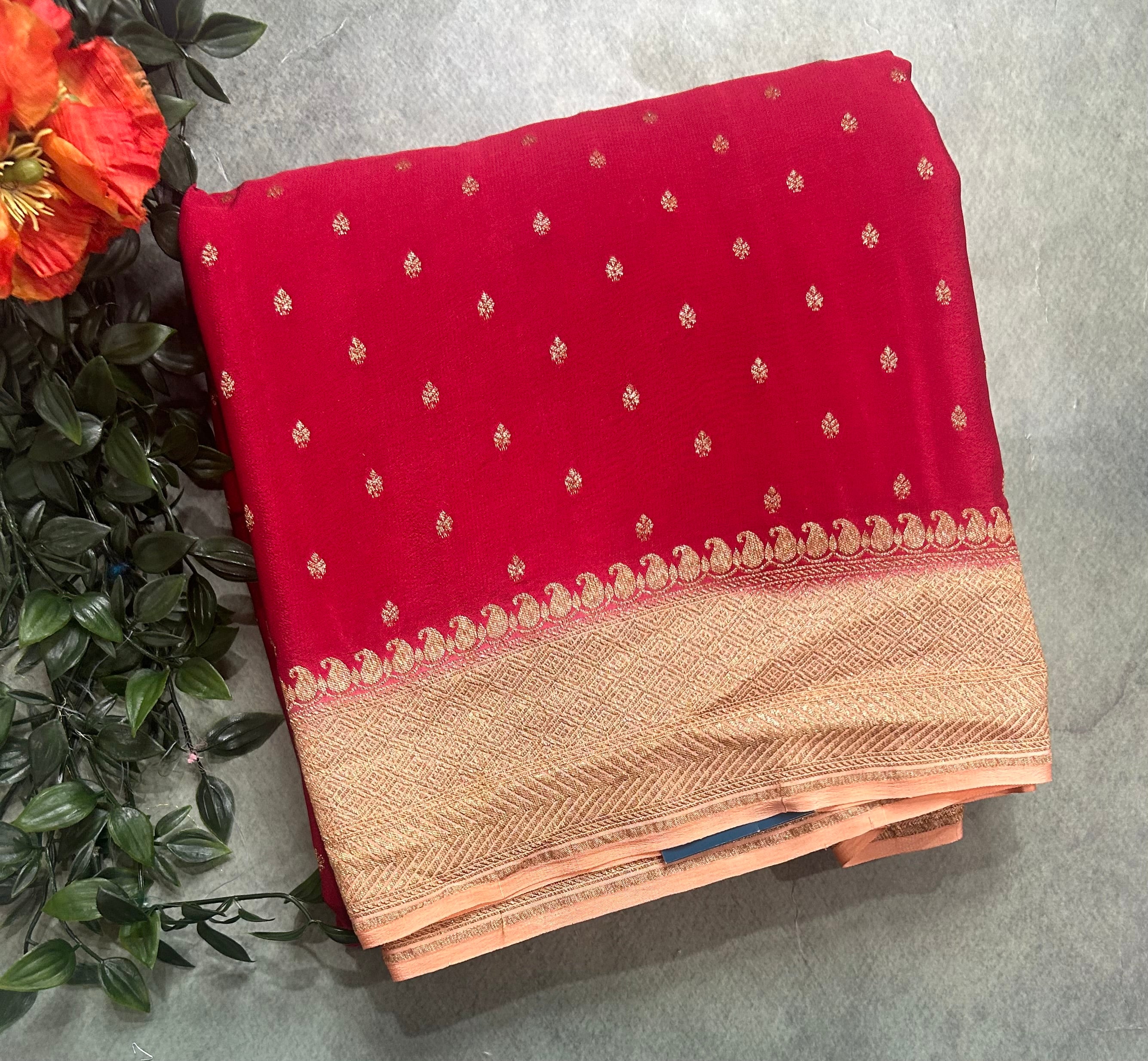 Red n peach small Butta pure Benarasi crepe 104 saree
