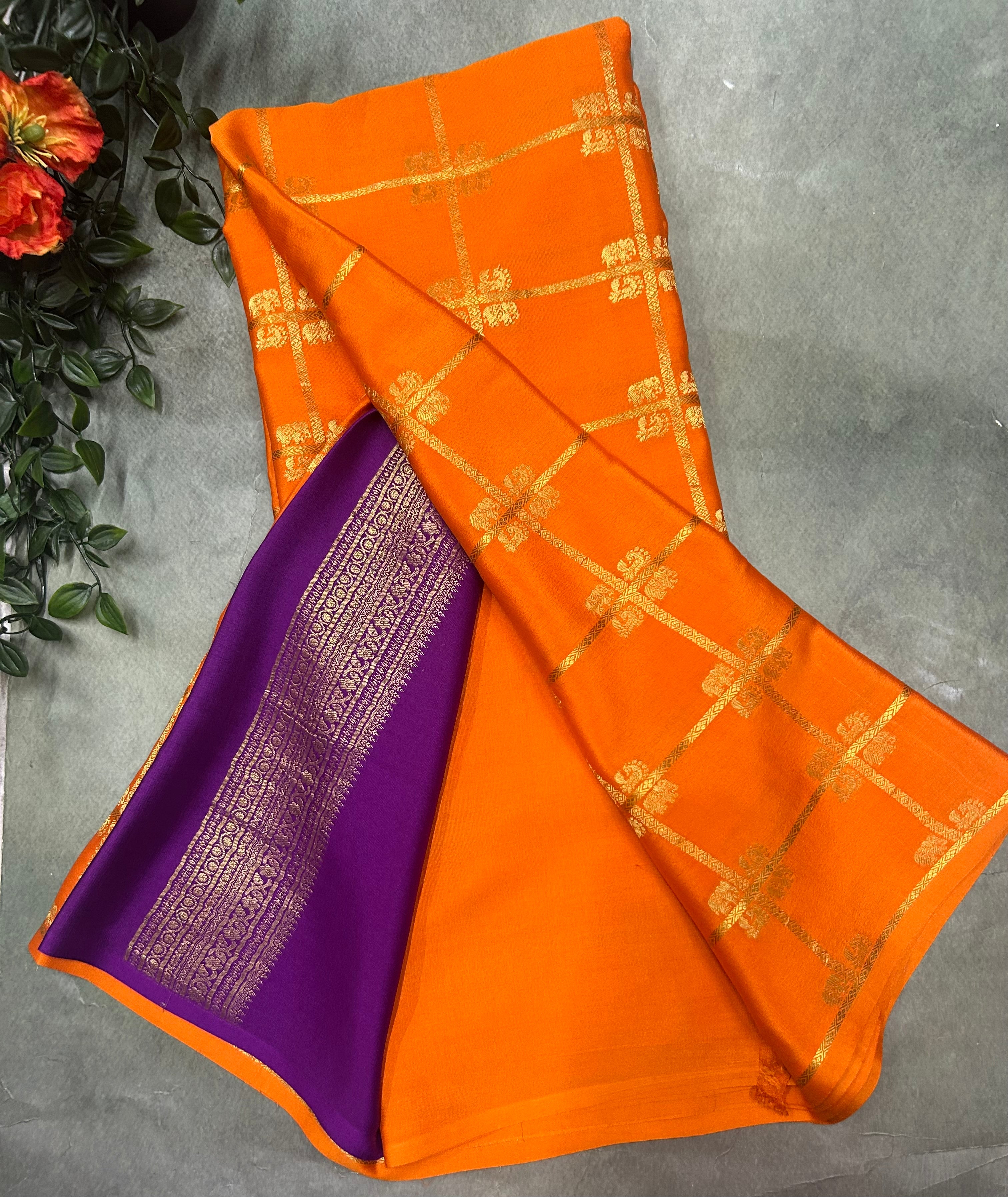 Orange contrast ST checks borderless pure mysore silk-105 saree