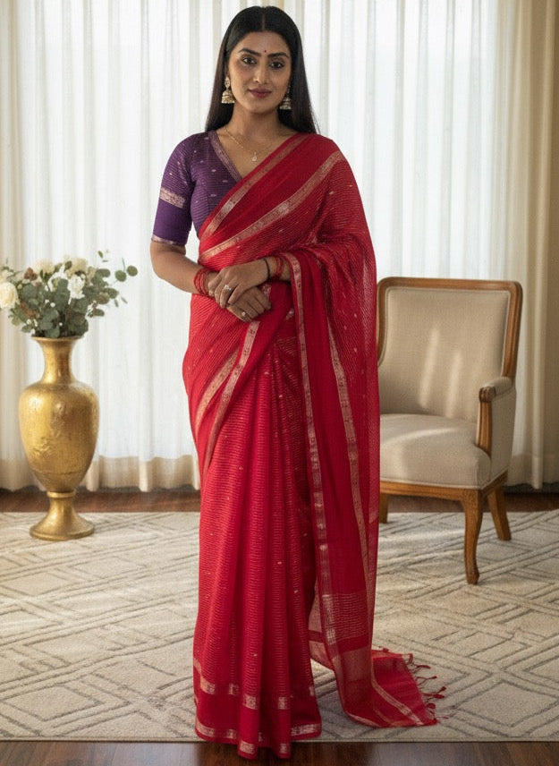 Chandana red n purple stripes elegant wear saree