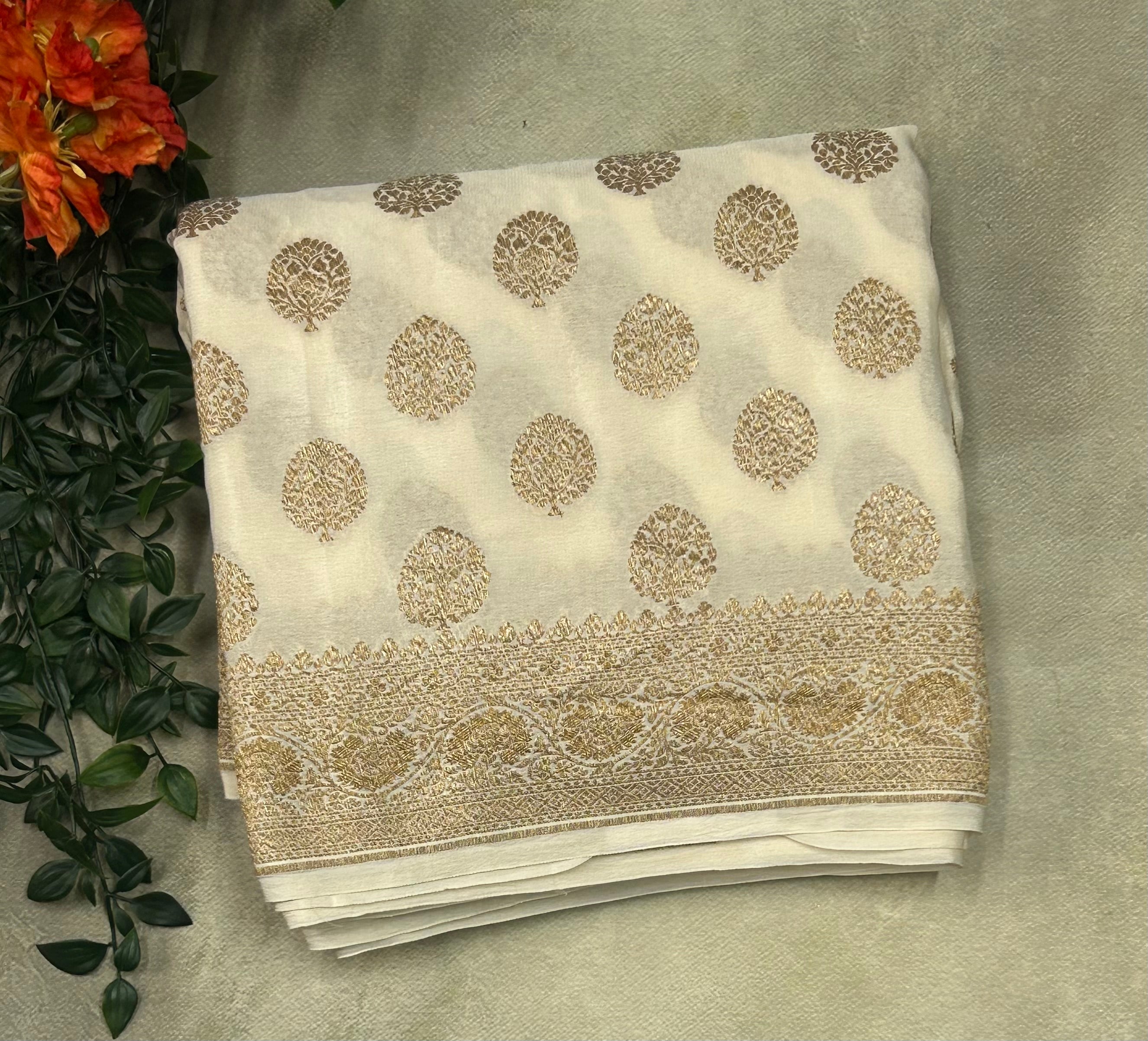 Cream small n big butta pure benarasi crepe 103 saree