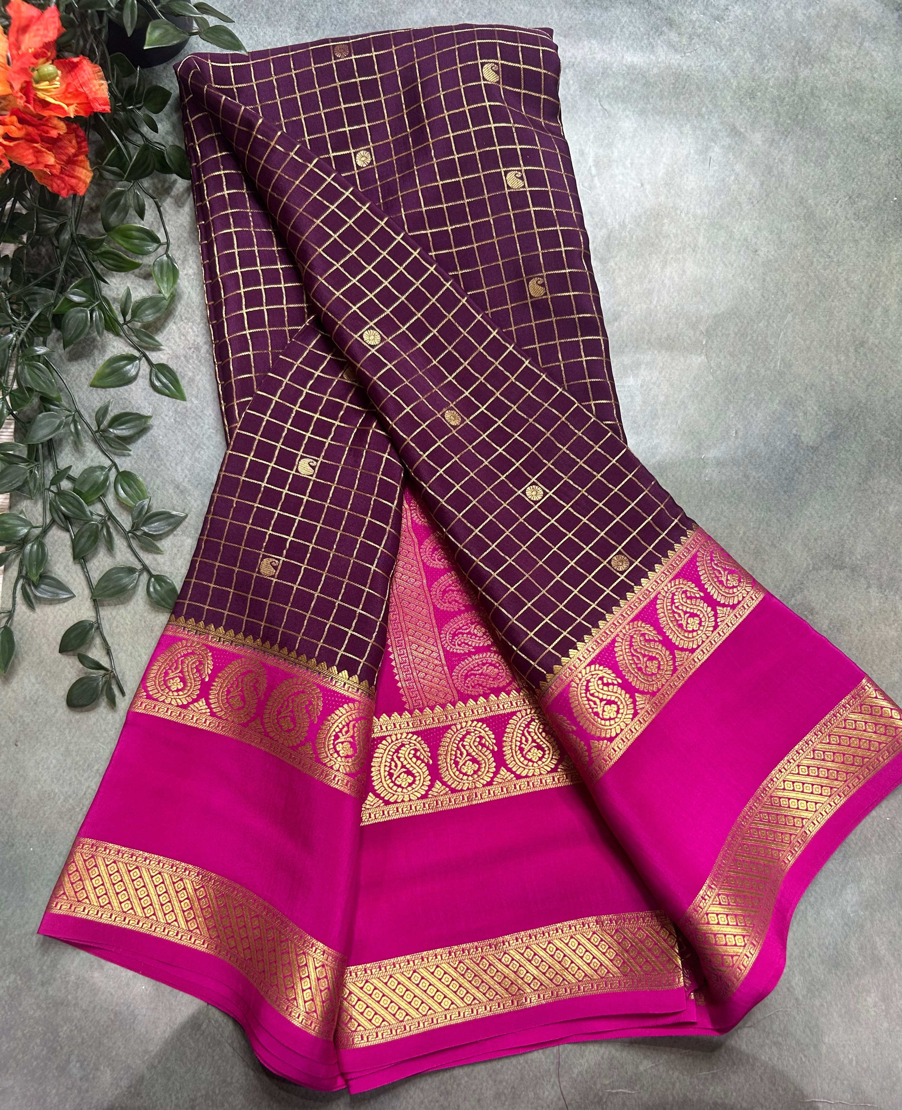 Wine small checks pure Mysore silk 105 saree