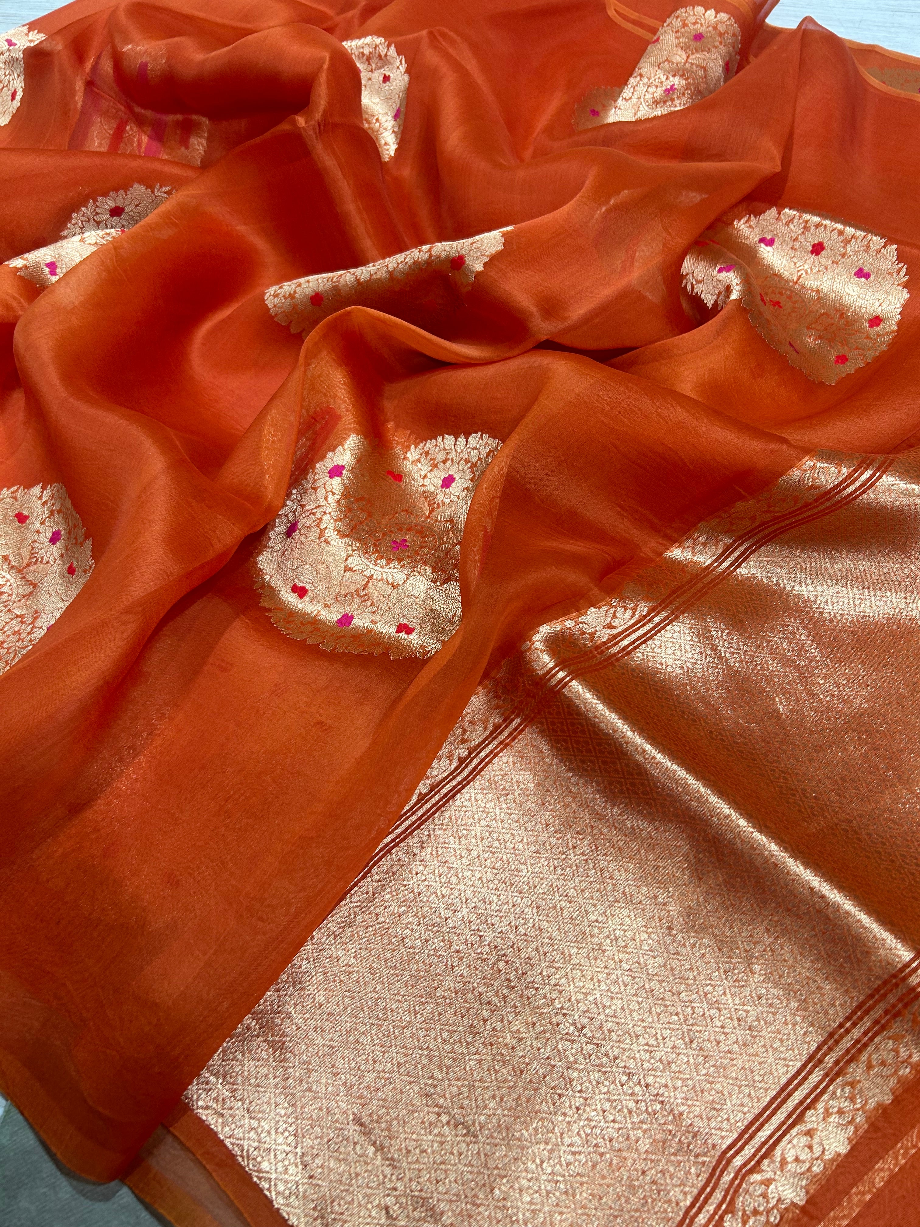 Orange pure kora 105 organza silk saree
