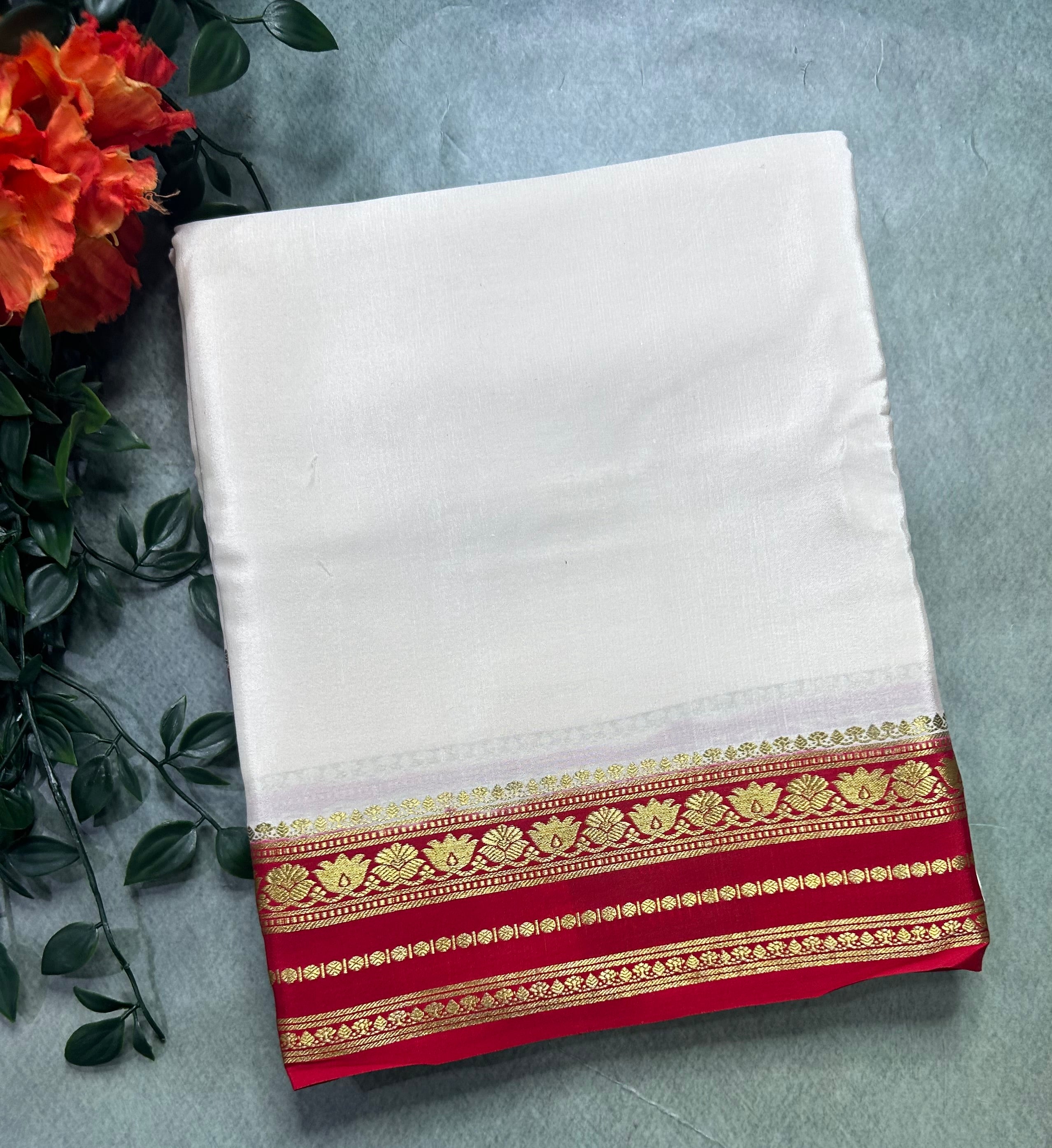 Cream pure Mysore crepe silk saree