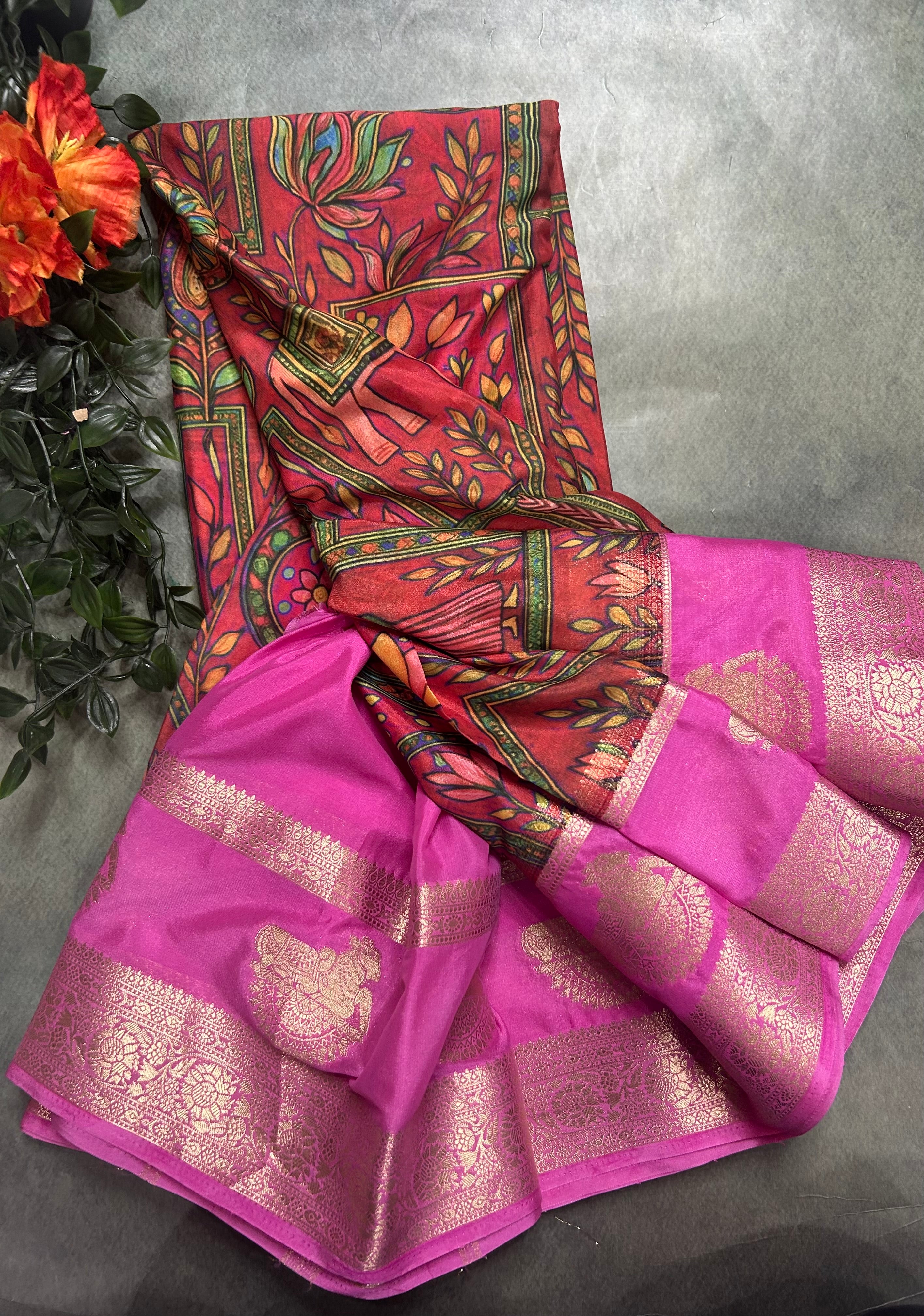 Multicolour bentex border printed semi Mysore 105 saree