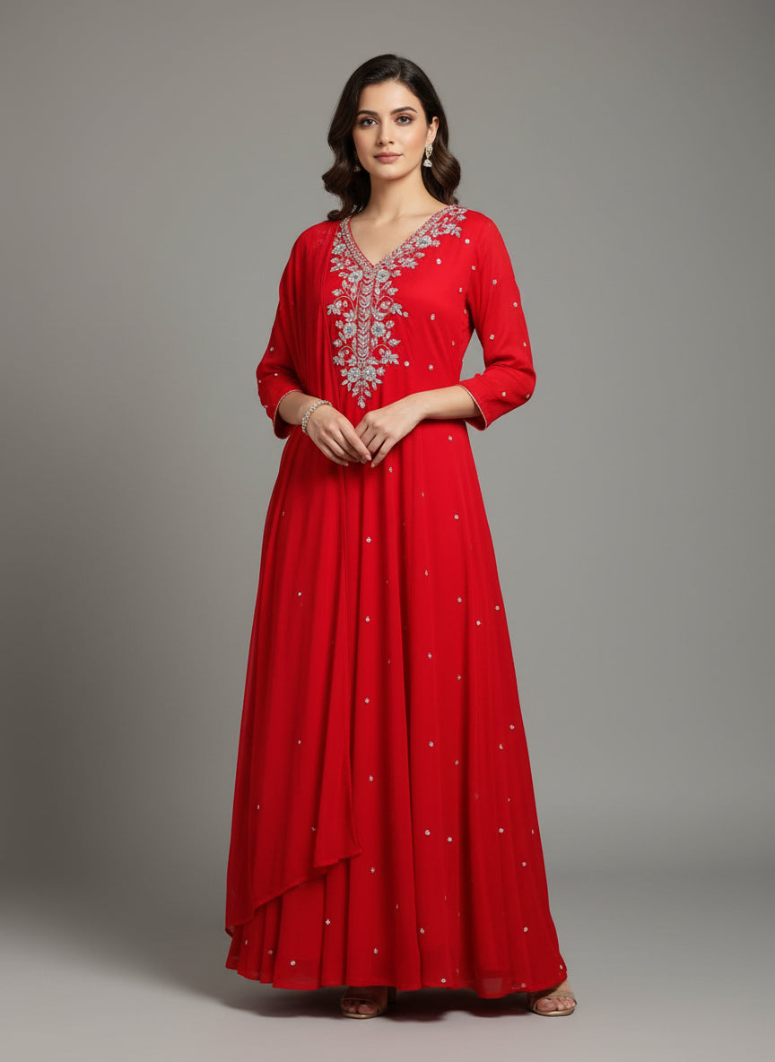 Red Anarkali Chinnon Hand Embroidery Kurtha 567