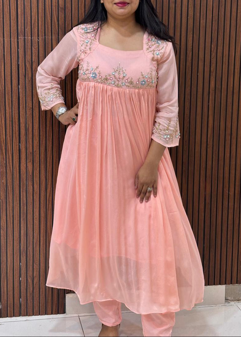 Baby Pink Chinnon Thread Embroidery Airline Cord Set Kurtha