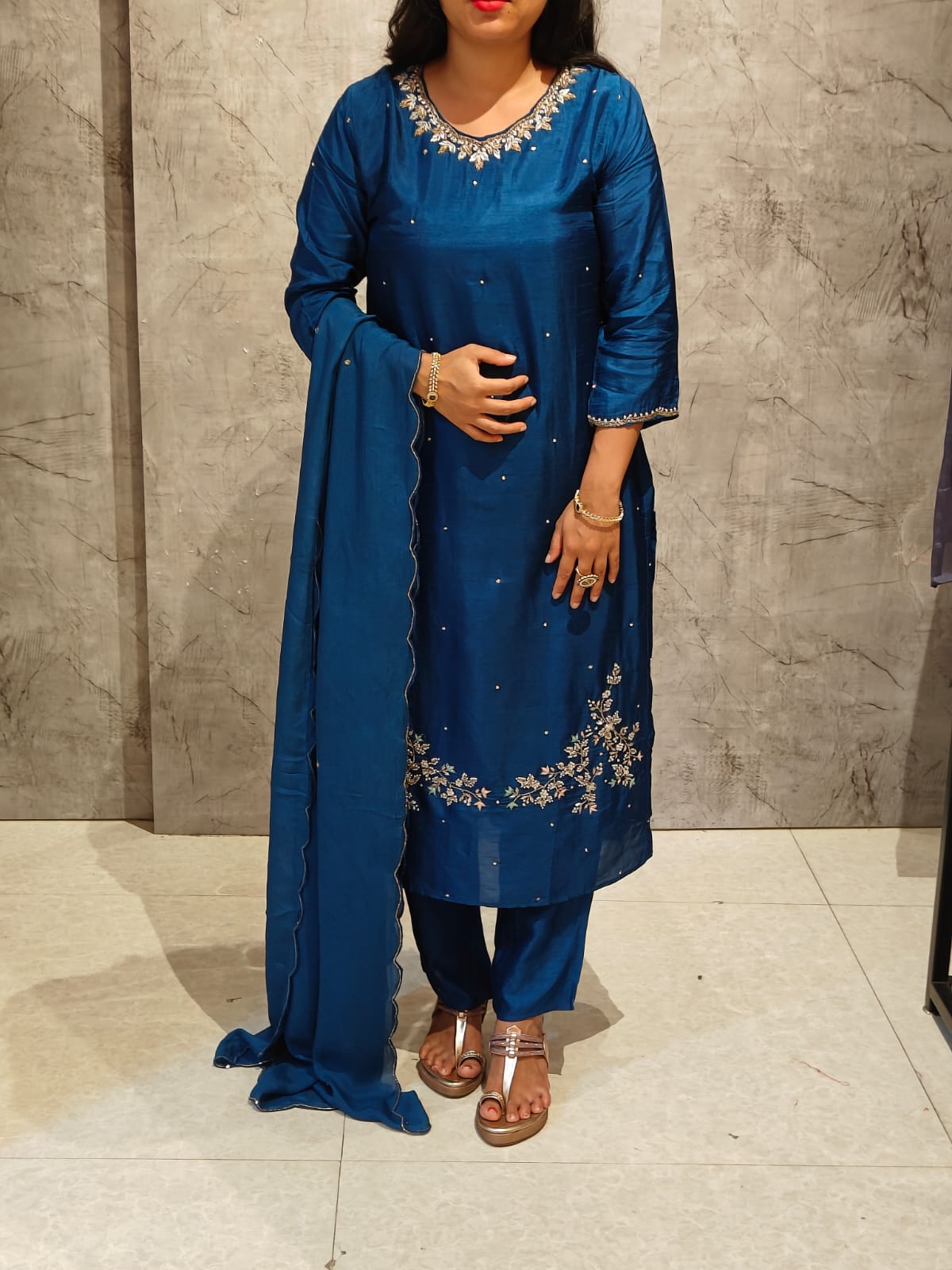 Dark Blue Dola Silk Hand Embroidery Straight Fit Kurtha 543