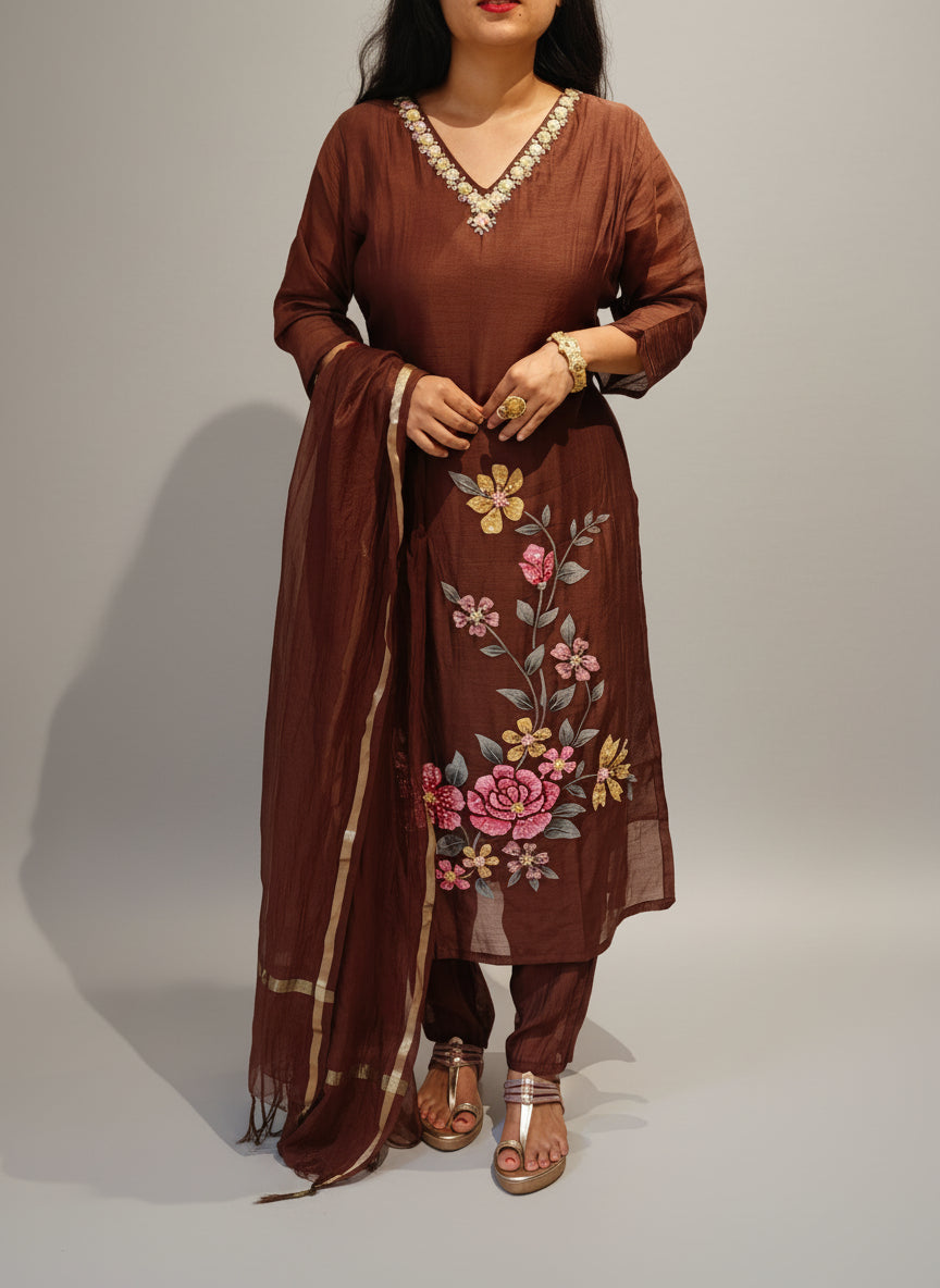 "Brown" Mul Chanderi hand painted kurtha 431