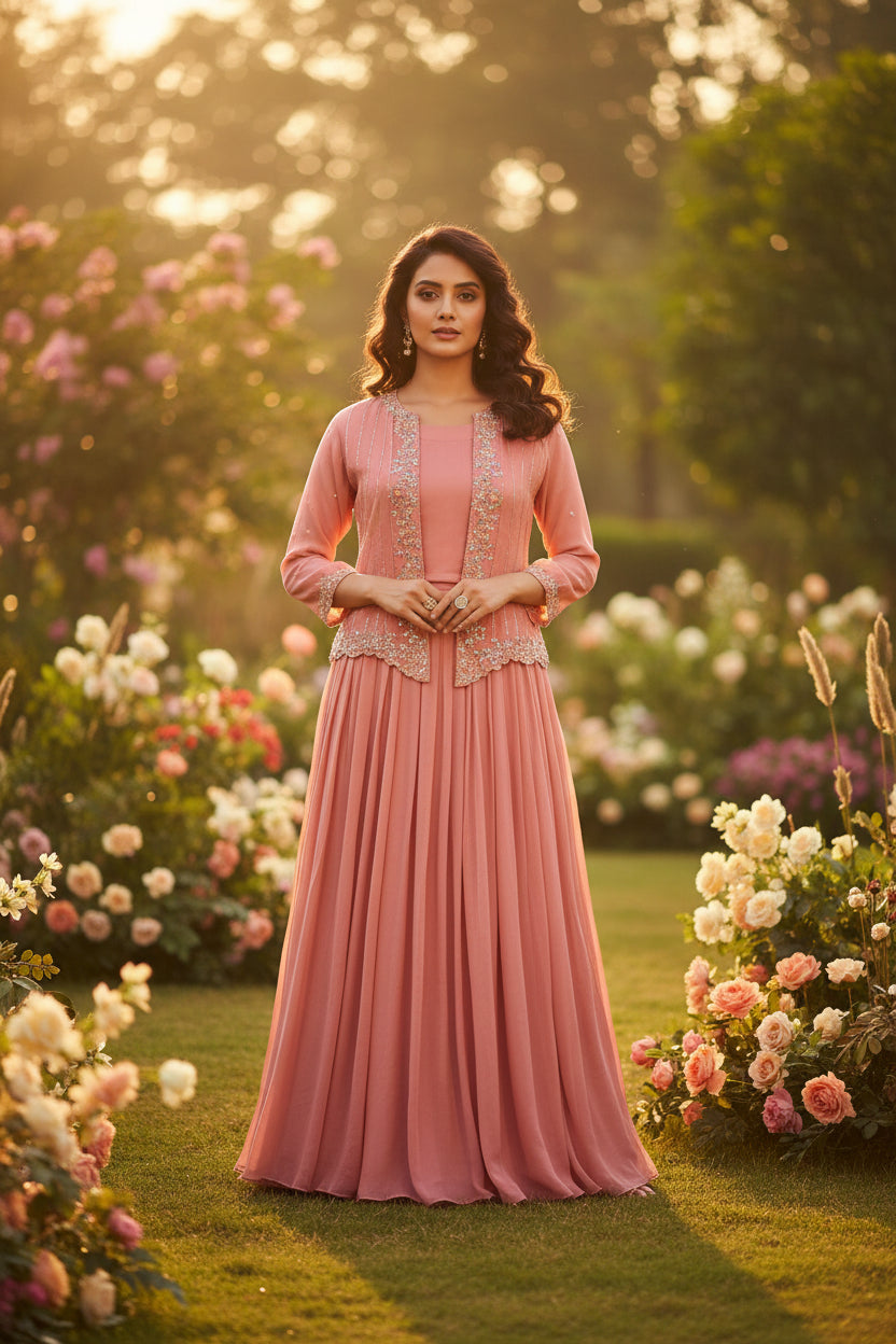 “Pari" Pink Designer Kurtha 43 Set with Handwork Top, Skirt and Jacket Indo-western