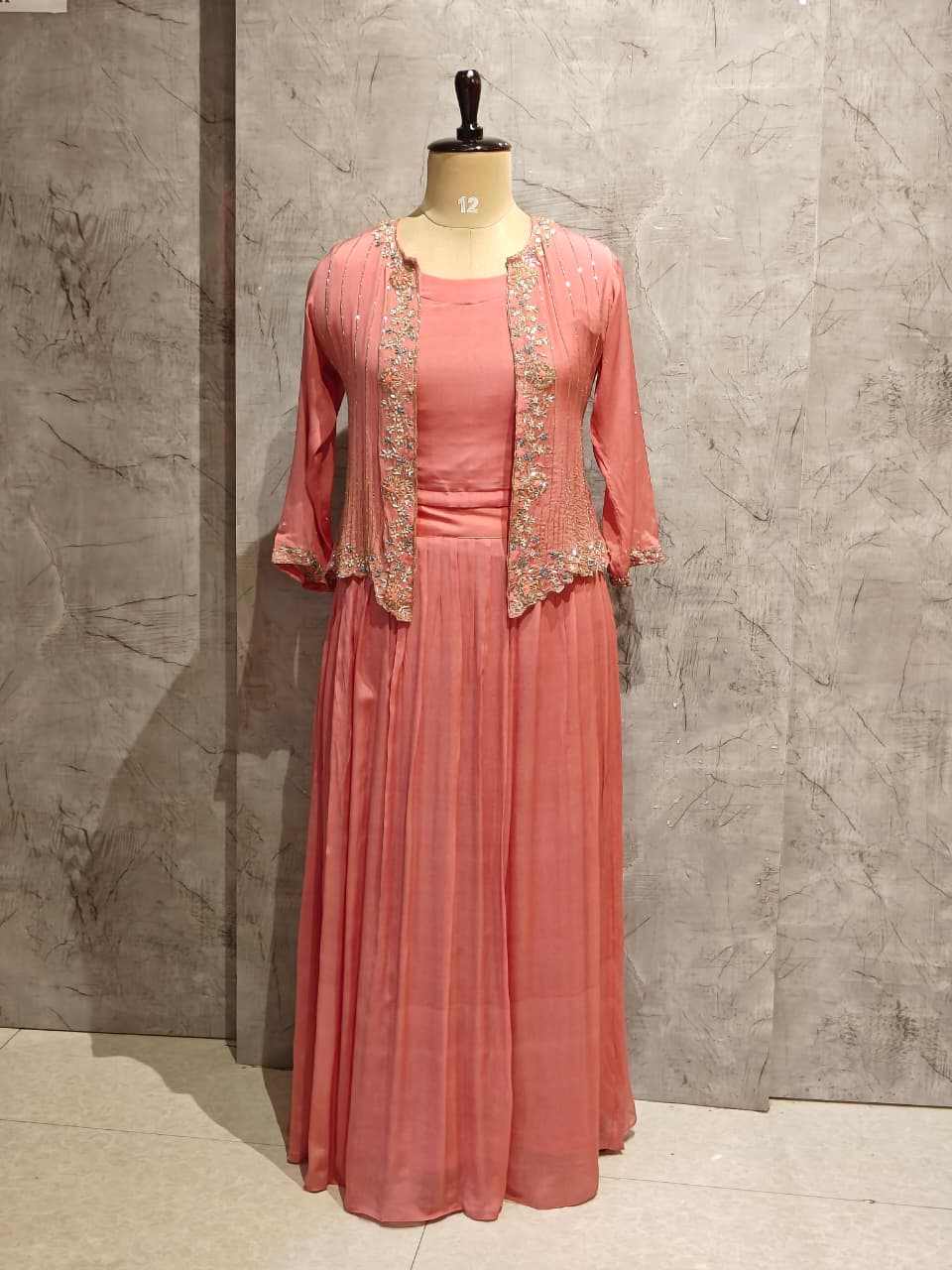 “Pari" Pink Designer Kurtha 43 Set with Handwork Top, Skirt and Jacket Indo-western