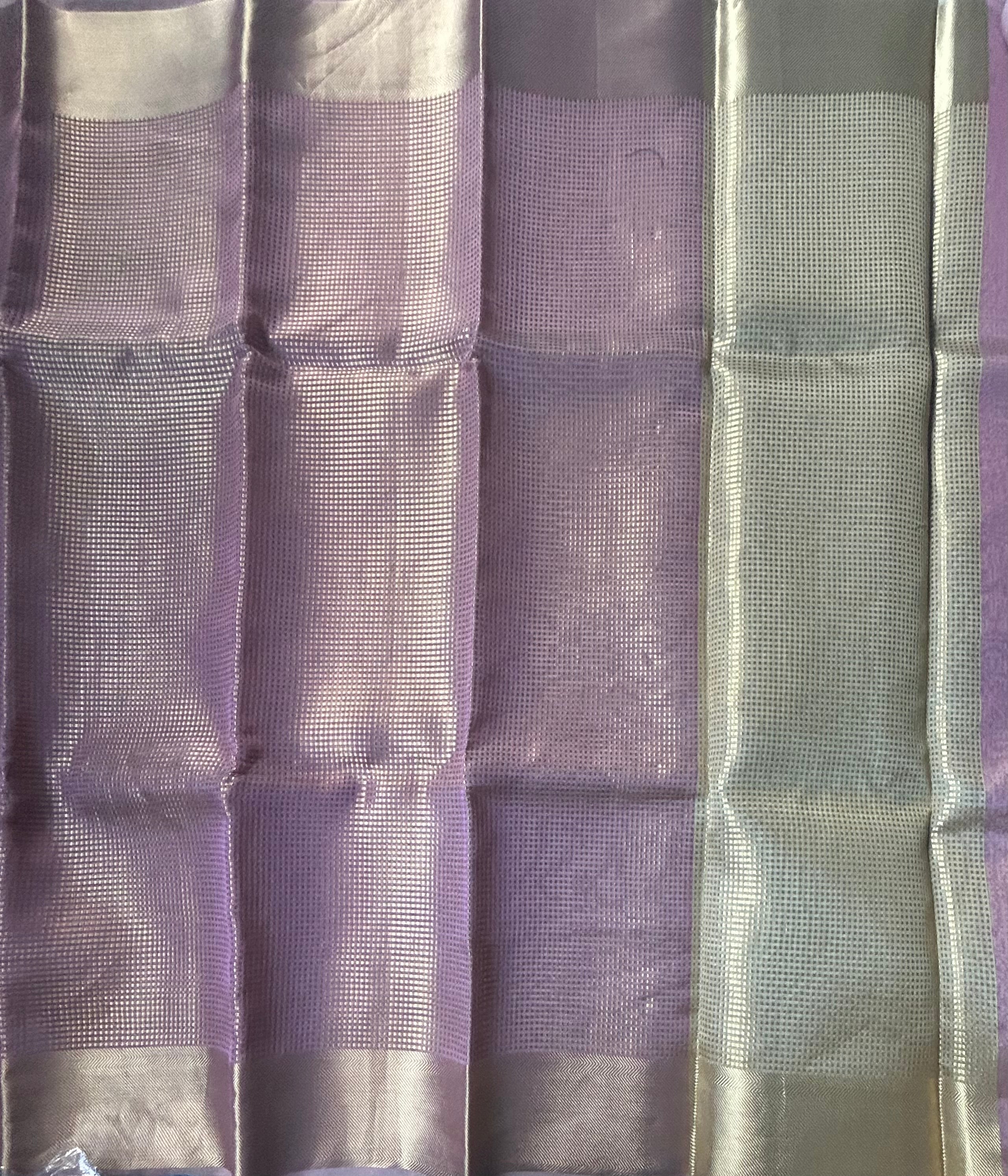 Pastel pink checks brocade semi tissue saree