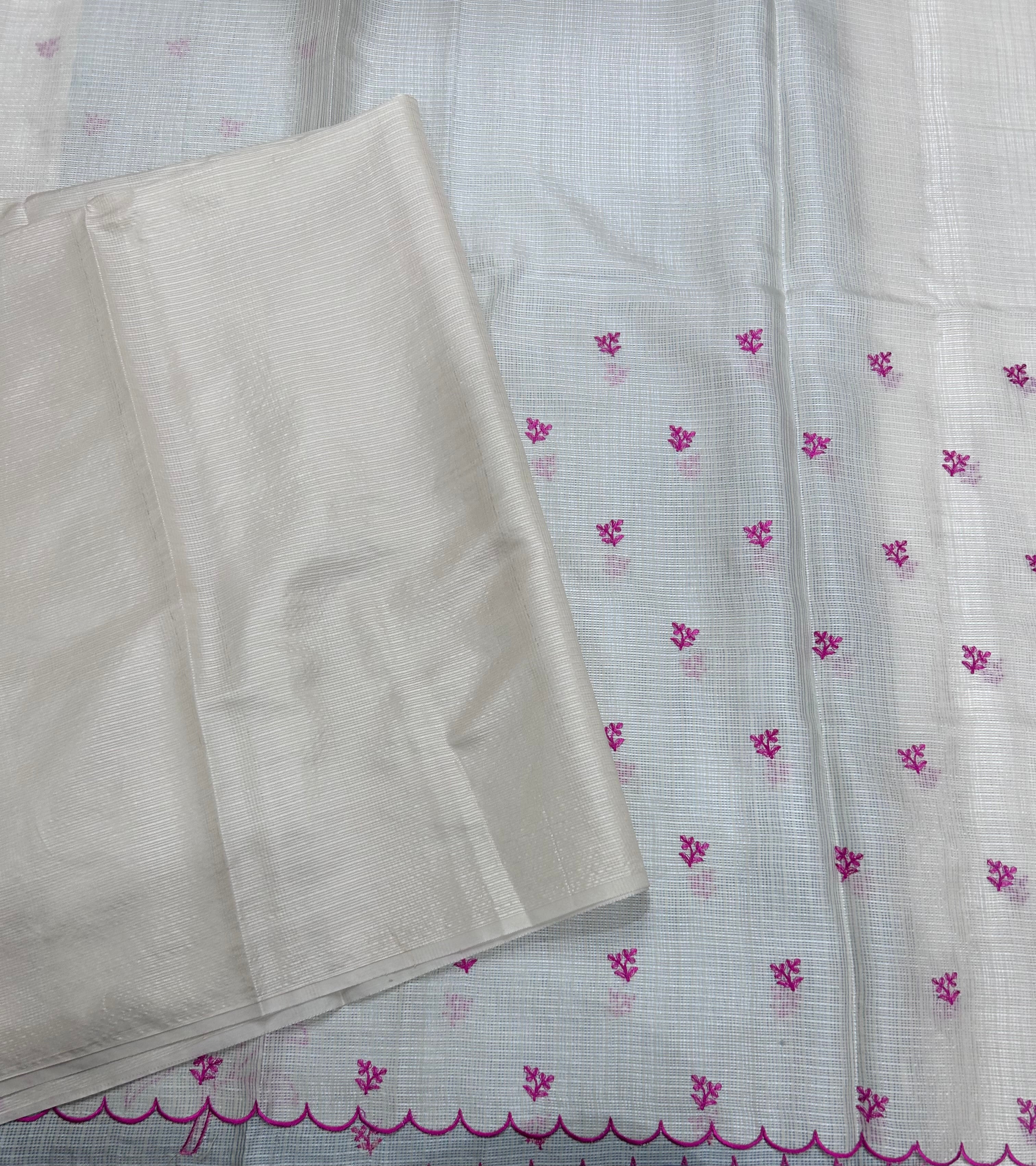 Cream scallop border pink embroidery work Kota check 106 Saree