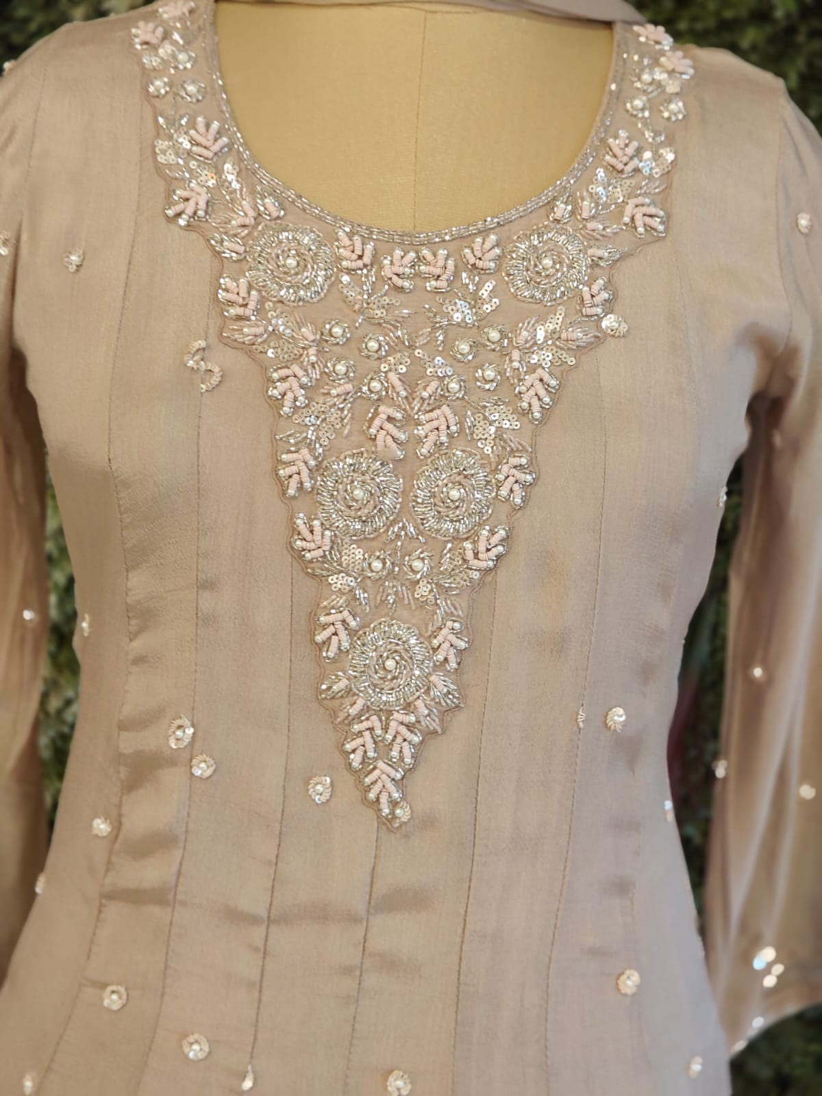 Beige Anarkali chinnon handwork party ware Kurtha 567