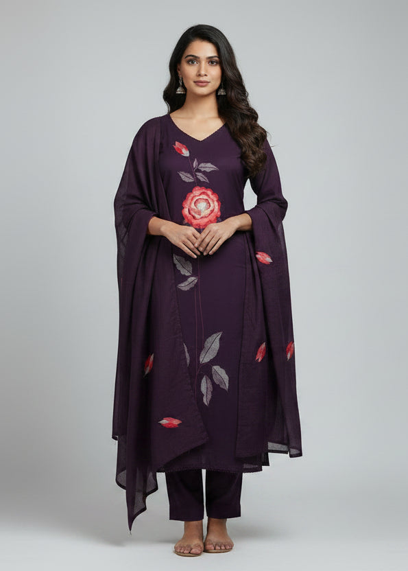 Purple Mul Cotton Thread Embroidery Straight Fit Kurtha 837