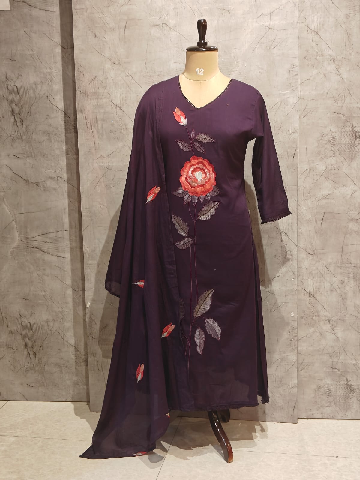 Purple Mul Cotton Thread Embroidery Straight Fit Kurtha 837