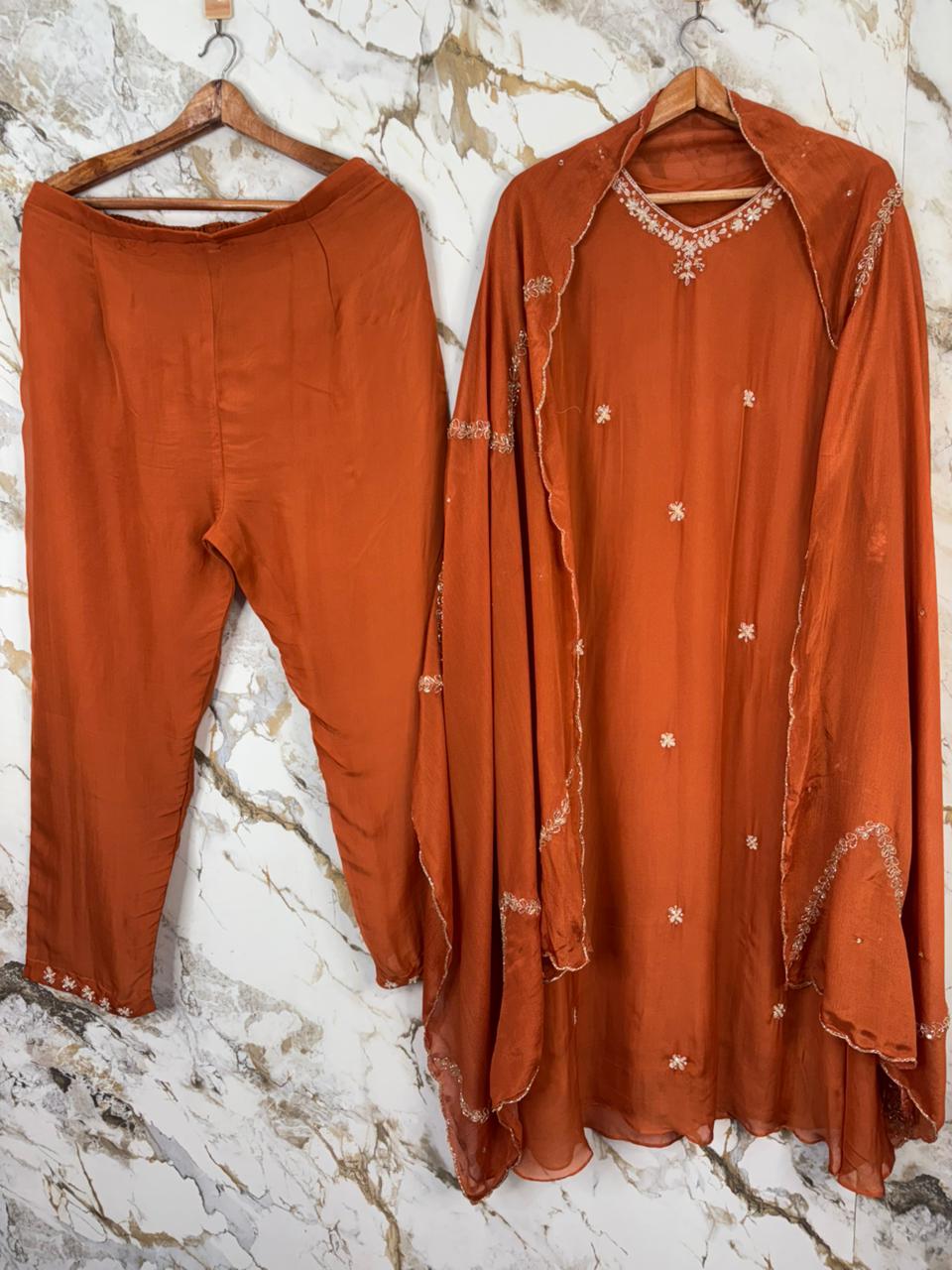 Orange Chanderi Thread Embroidery Airline Kurtha 284